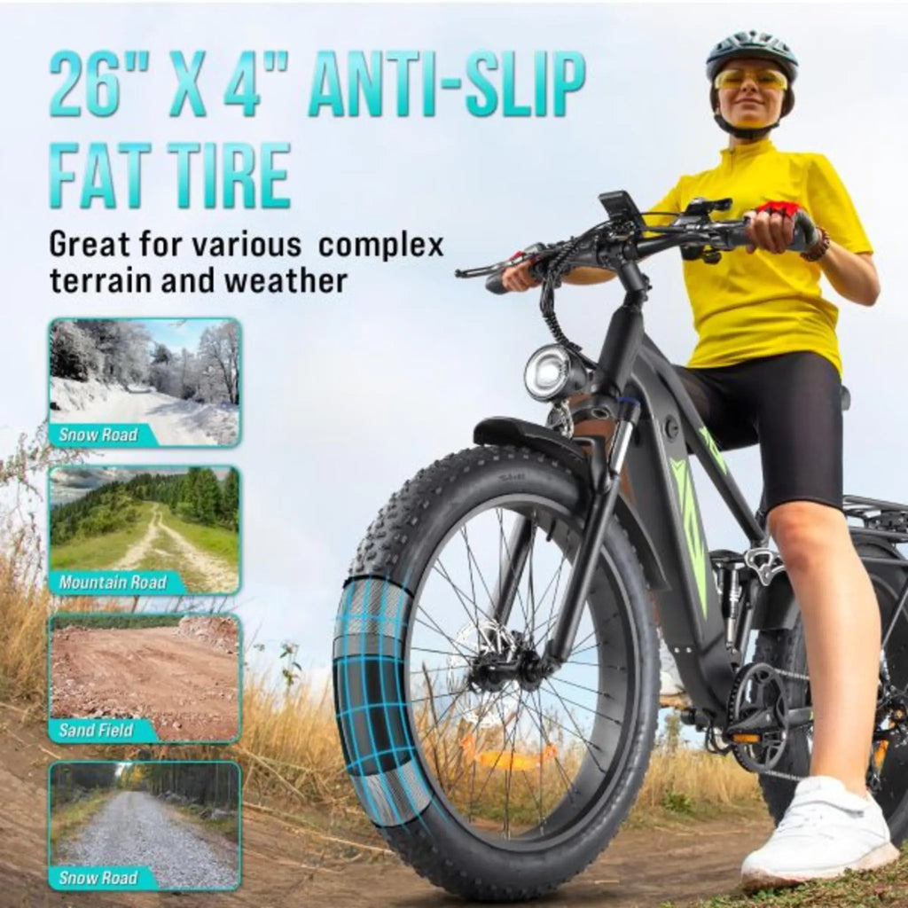 1000W 48V Electric Bike for Adults – 26-in Fat Tire Full-Suspension E-Bike – 17.5Ah Battery – 7-Speed – Up to 28MPH – UL Certified