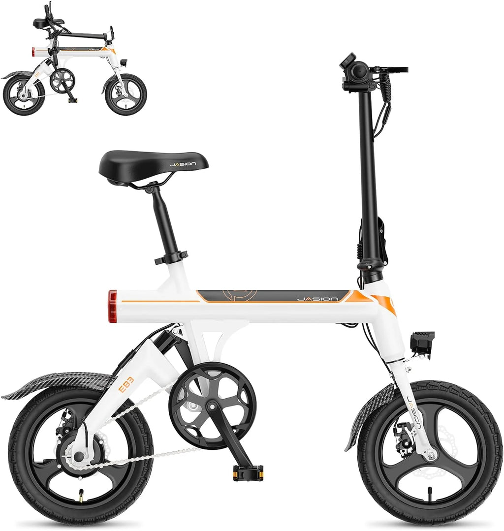 Jasion EB3 Electric Bike Adults 21mph, 500W Peak Motor, 270Wh Battery, Rear Suspension, 3 Levels Assist, 14′′ Folding Ebike for Adults and Teens, Complies to UL2849