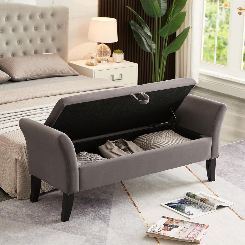 Furniliving Modern Storage Ottoman Bench, Sherpa Ottoman End of Bed Bench with Solid Wood Legs Upholstered Ottoman Benches with Storage Indoor Bench for Living Room with Rolled Arm, Entryway, White