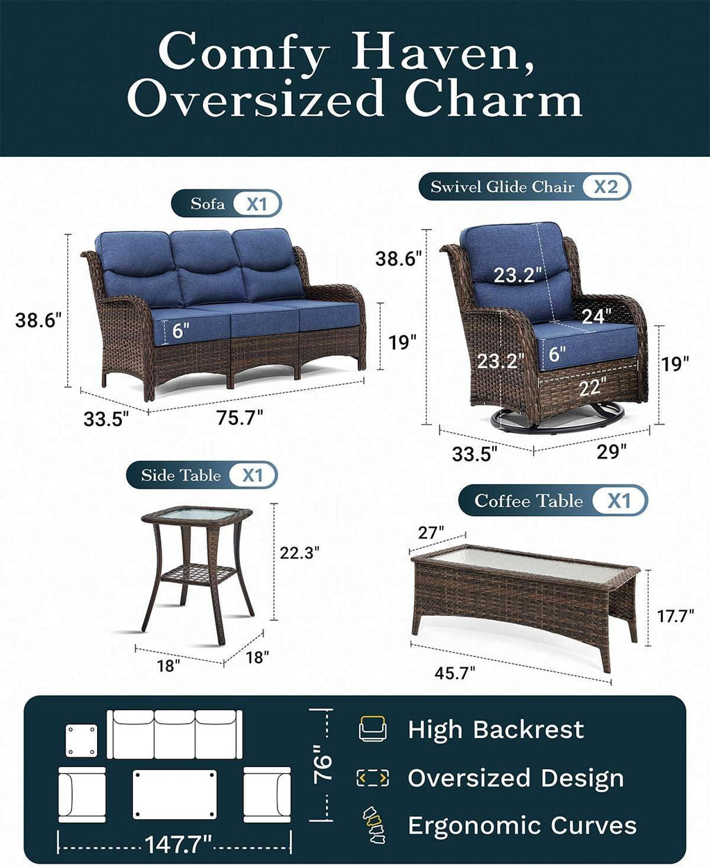 Outdoor Swivel Rocker Patio Chairs with 6-Inch Thick Cushions and Side Table, 3PCS High Back Wicker Patio Furniture Set for Porch, Balcony, Deck and Yard in Blue