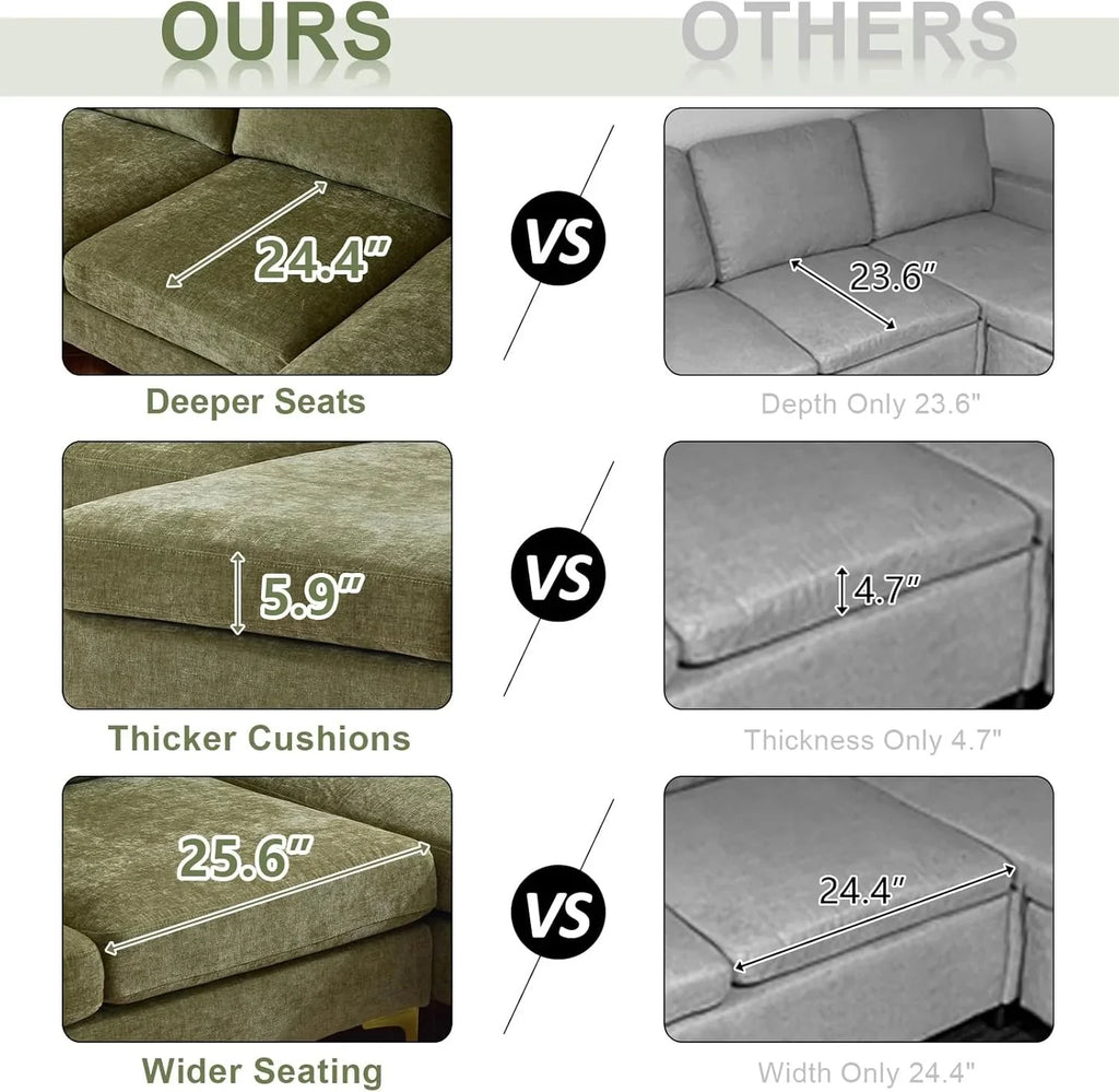 VINGLI 110 Sectional Couches for Living Room,U Shaped Couch with Double Chaise, 4-Seat Sofa Set with Chenille Fabric for Home Furniture,Beige