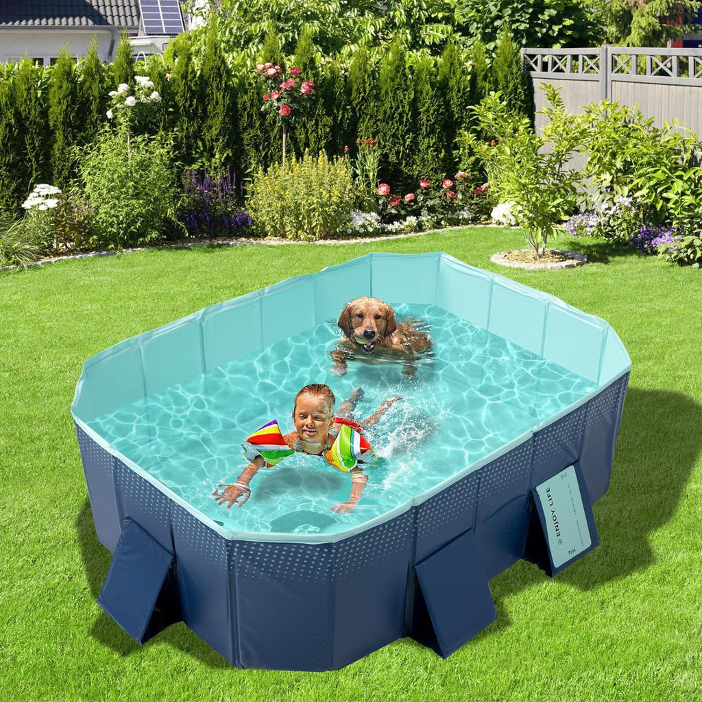 Foldable Non-Inflatable Kids' and Adults' Outdoor Swimming Pool - Hard Plastic Shell, Kid Pool for Backyard Dog Pools (158 x 76 x 20)