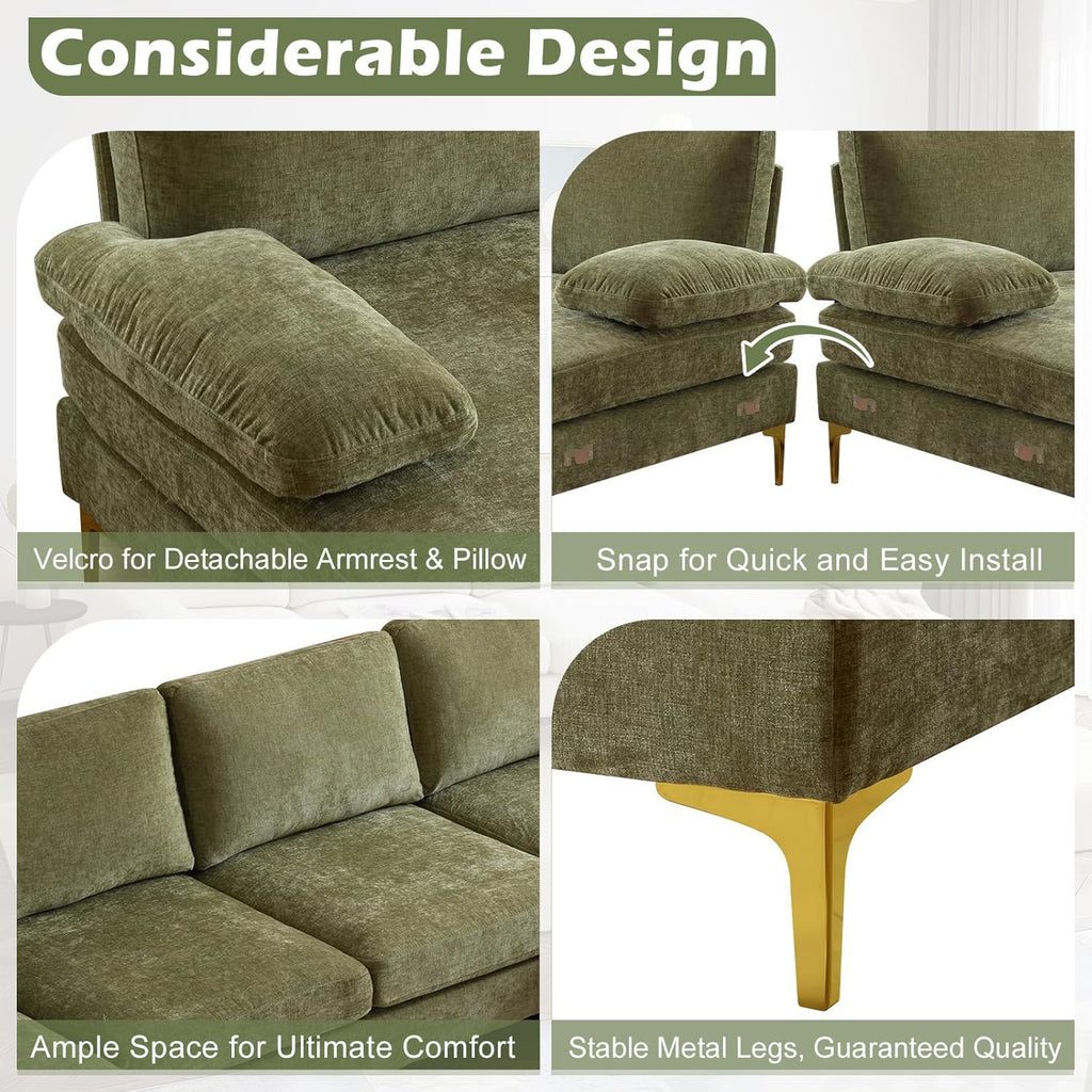 VINGLI 110 Sectional Couches for Living Room,U Shaped Couch with Double Chaise, 4-Seat Sofa Set with Chenille Fabric for Home Furniture,Beige