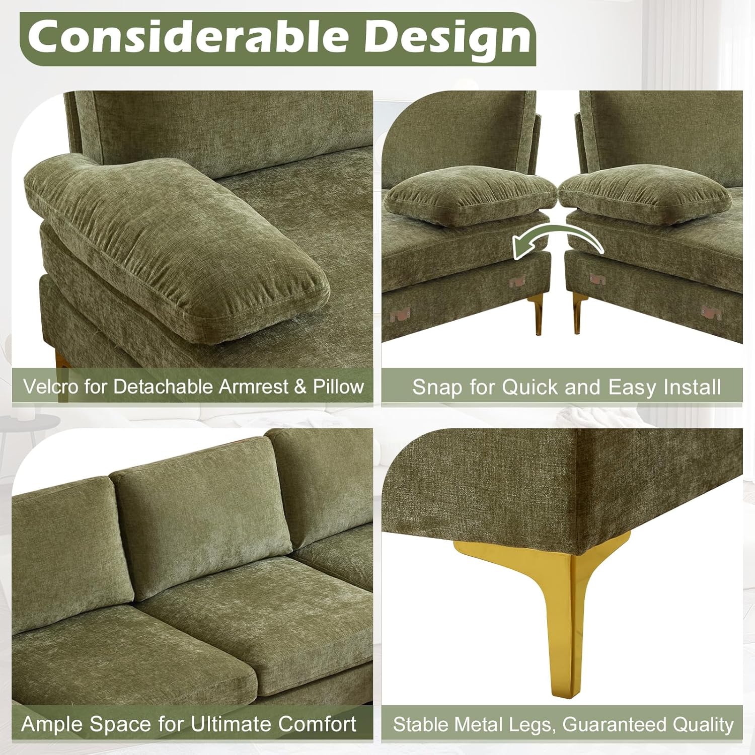 VINGLI 110 Sectional Couches for Living Room,U Shaped Couch with Double Chaise, 4-Seat Sofa Set with Chenille Fabric for Home Furniture,Beige