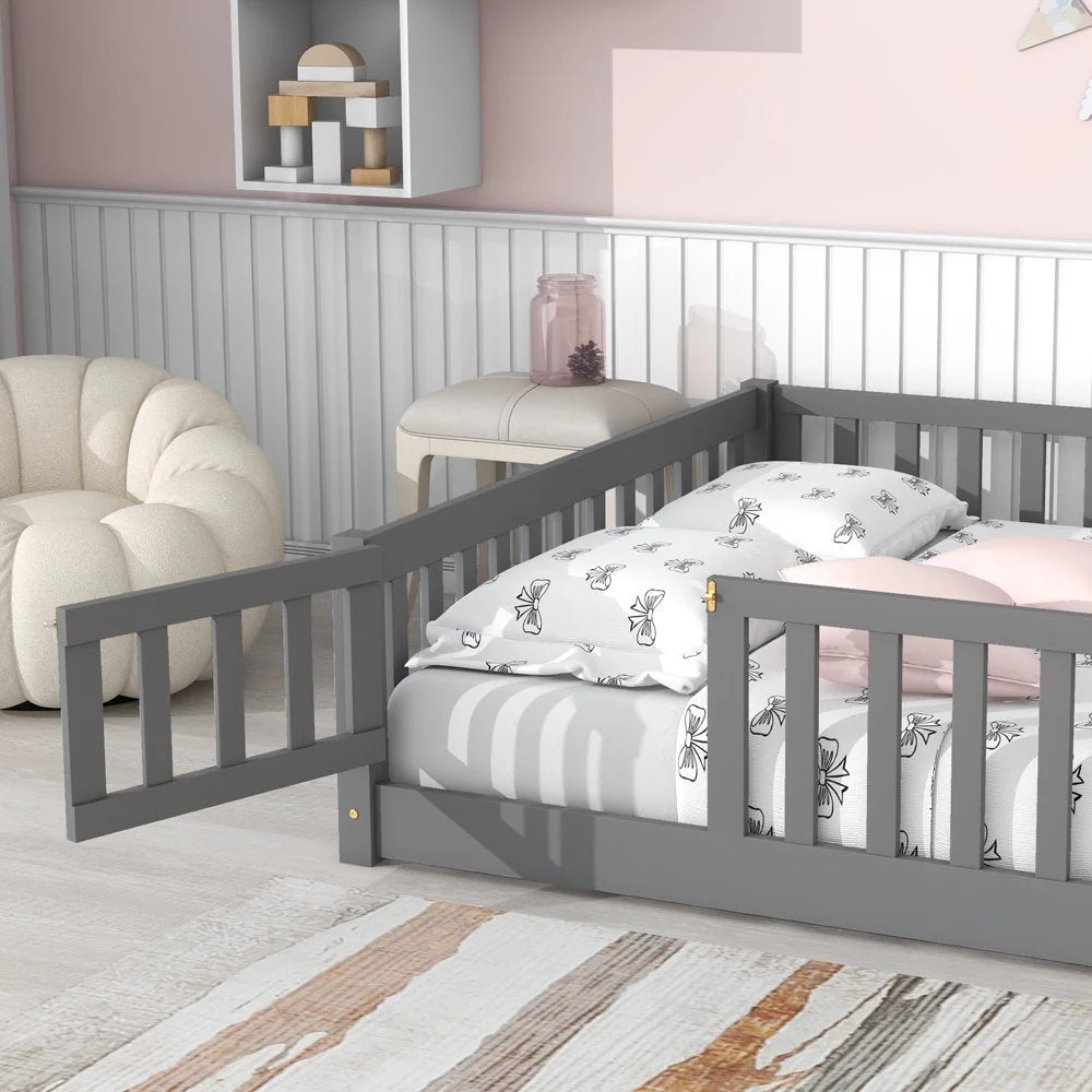 Uhomepro Full Size Kids Floor Bed with Fence & Door, Pine Wood, Playhouse Design