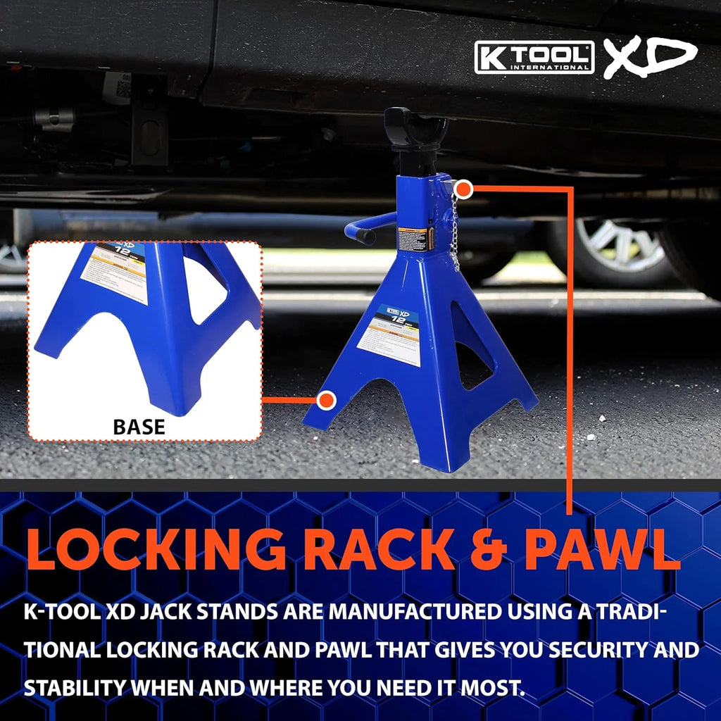 HD61222 22 Ton Automotive Jack Stands for Garages, Repair Shops, and DIY, Pin Style, V Shaped Saddle, Heavy Duty Steel Frame, Adjustable Height 11.825- 19.725, Black/Blue, Pair