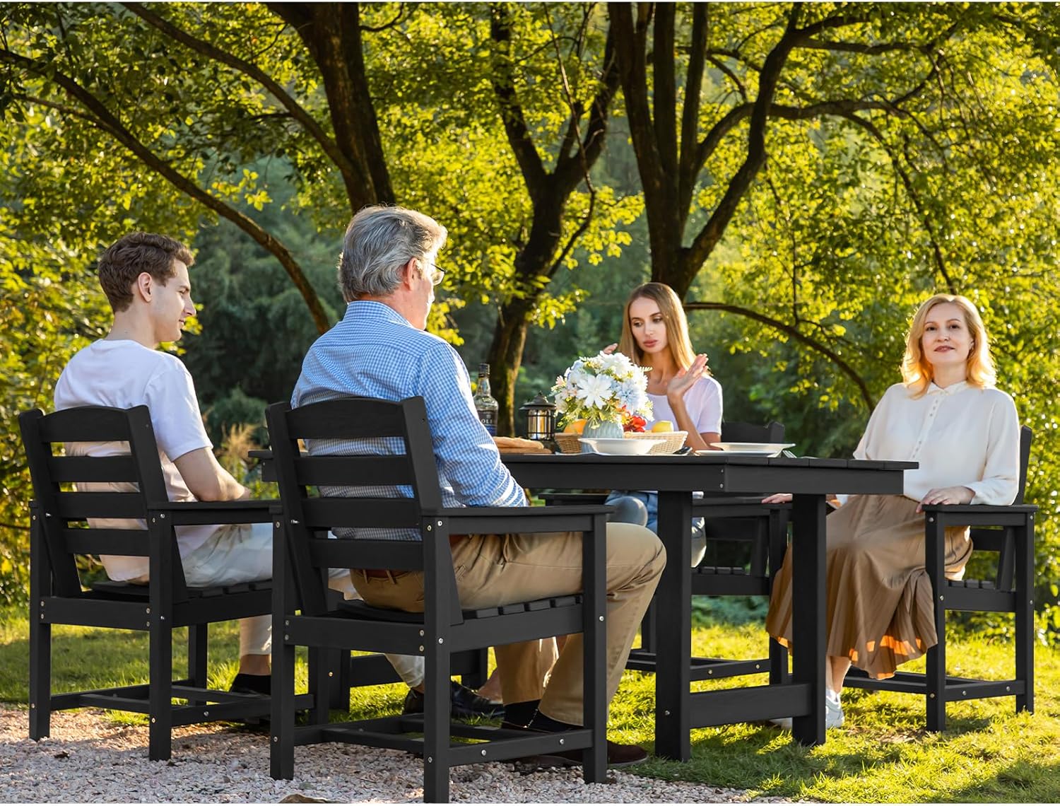 SERWALL 7-Piece Patio Table Set, Outdoor HDPE Dining Furniture with Umbrella Hole, All Weather Table and Chairs for Lawn, Garden, Poolside, Aruba