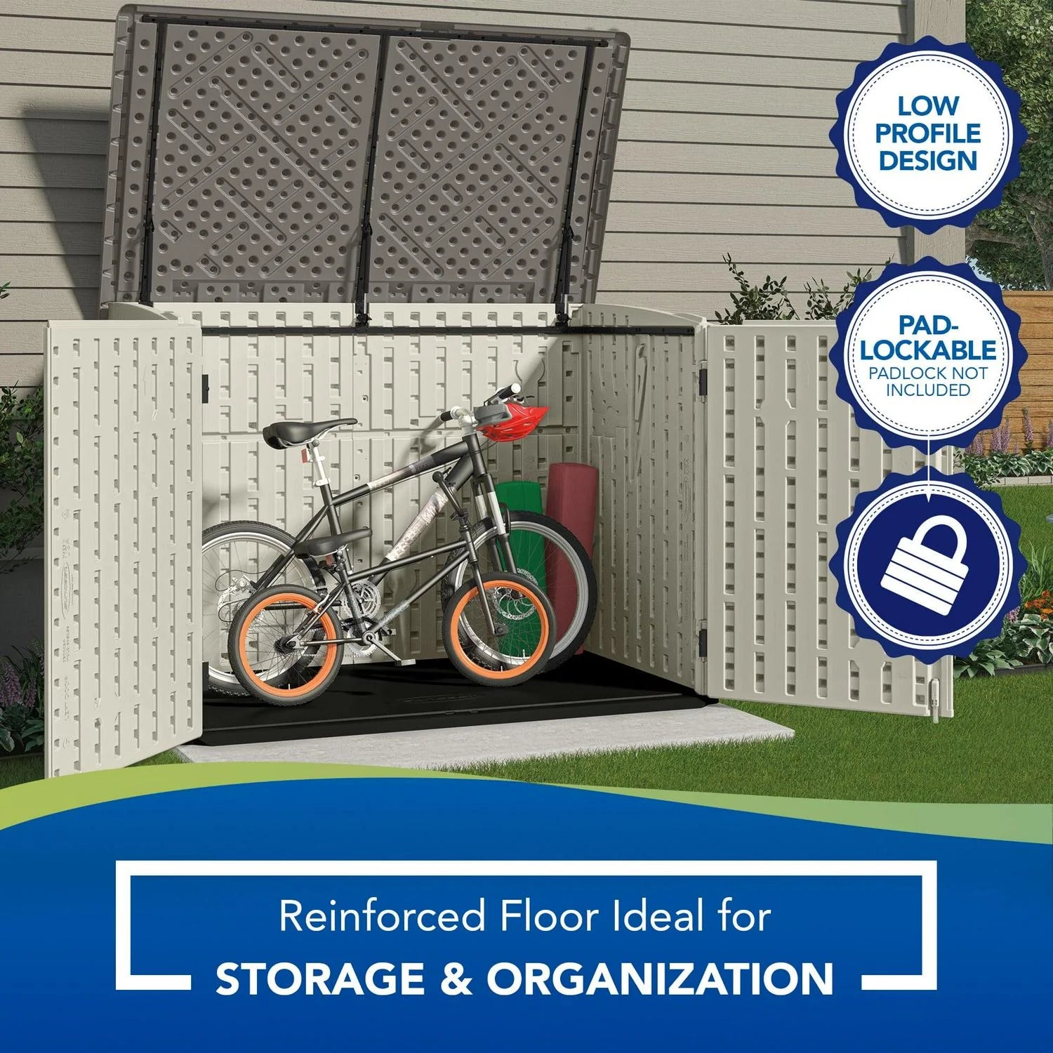 Suncast BMS4700 Resin Storage Shed, Off-White/Gray, 70.5′′W x 44.25′′D x 52′′H, Double Door, UV Resistant