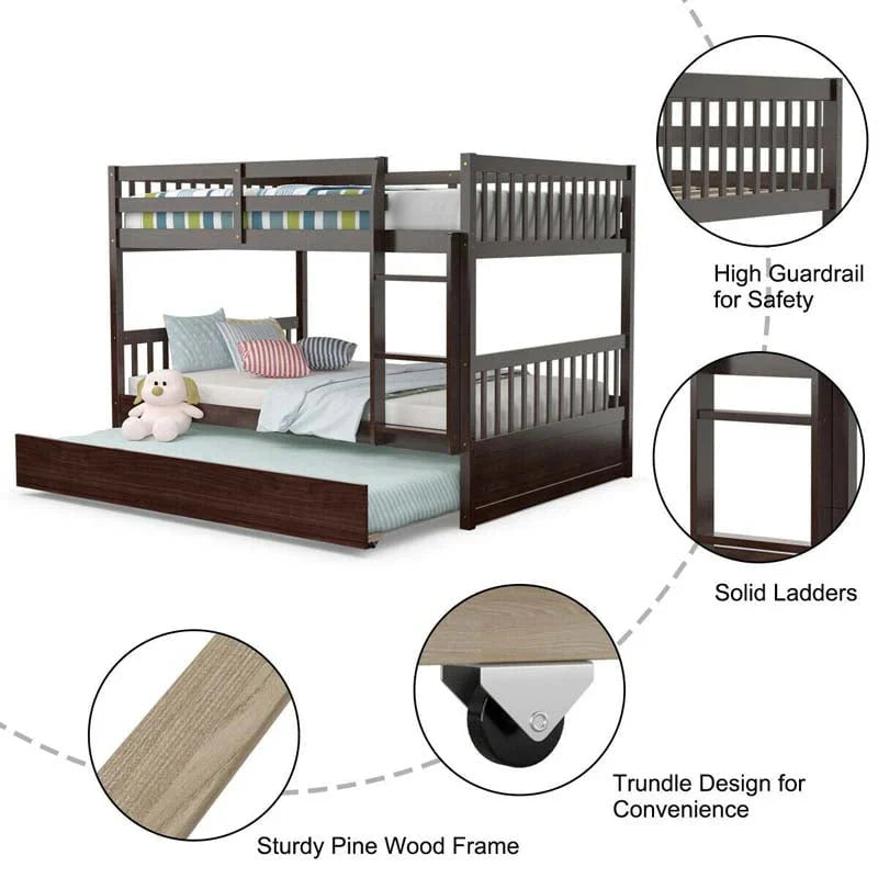Solid Wood Full Over Full Bunk Bed Frame With Trundle Safety Ladder Amp Guardrails Convertible Bunk Bed For Kids Teens