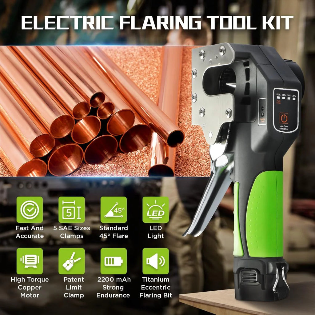 Electric Flaring Tool Kit, 1/4 - 3/4 Copper Flaring Tool Flare Gauge, 5 SAE Sizes Clamps 45° Eccentric Type Flare 2200 mAh