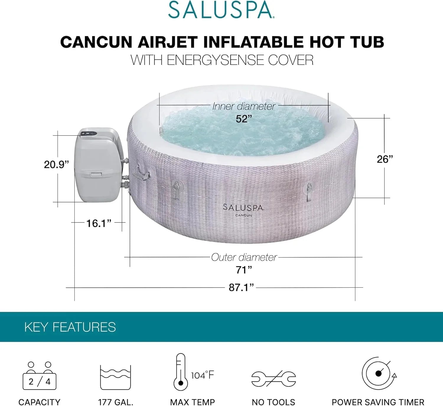 Bestway SaluSpa Fiji AirJet Large Round 2 to 4 Person Inflatable Hot Tub Portable Outdoor Spa with 120 AirJets and EnergySense Cover, Grey