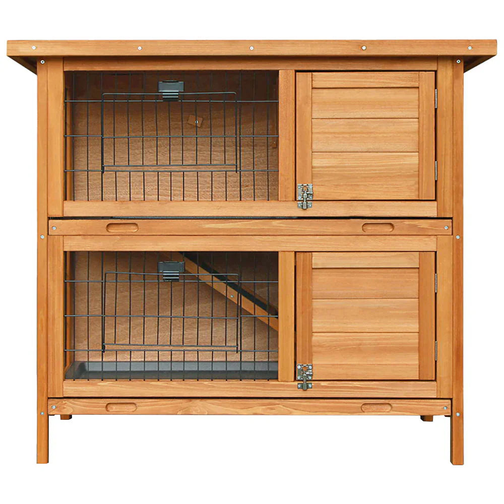 Double Level Wooden Rabbit Hutch with Slide-Out Tray - i.Pet