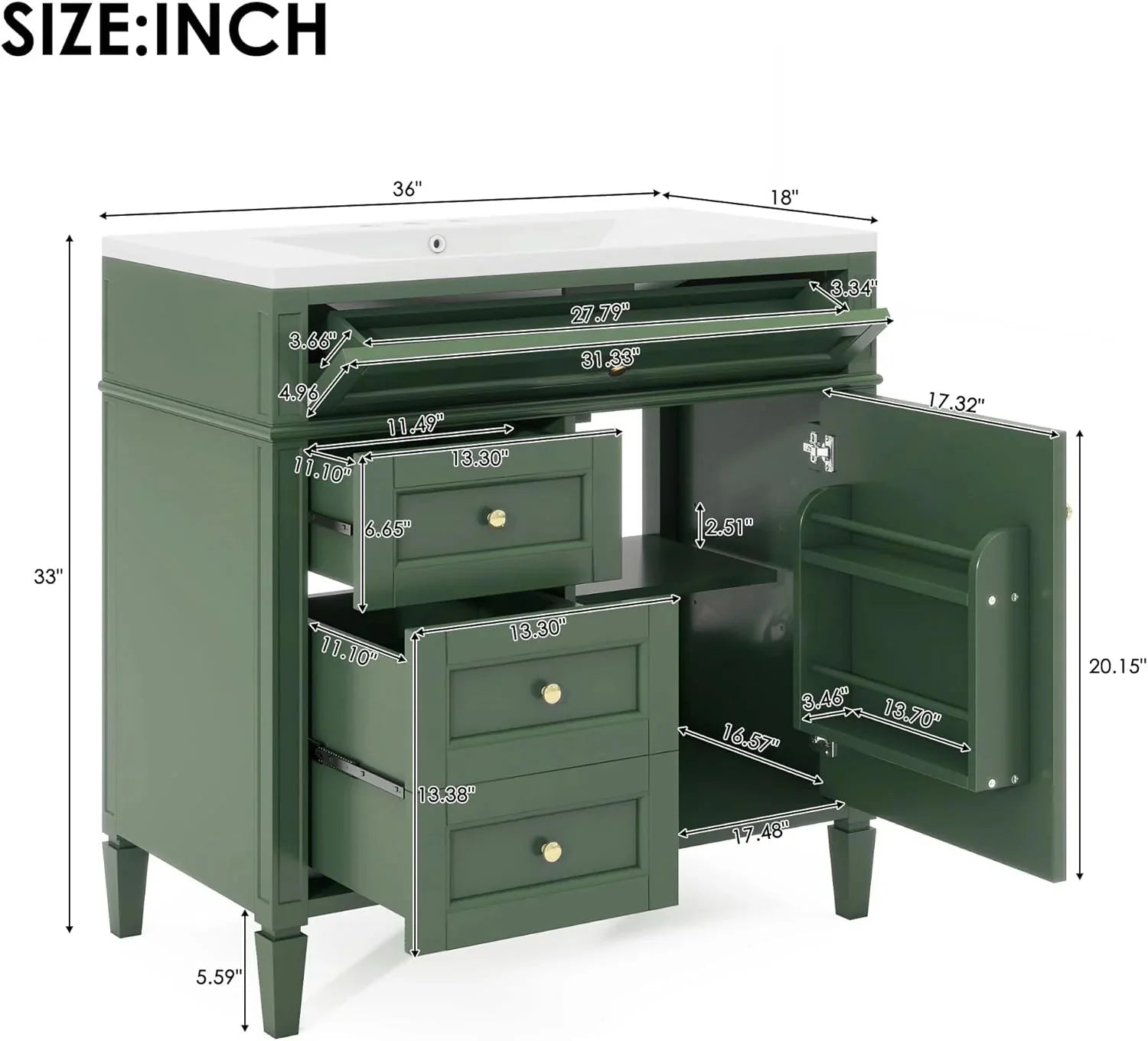36 Bathroom Vanity with Single Sink Combo, Modern Undermount Bathroom Sink Cabinet with 2 Drawers and a Tip-Out Drawer, Freestanding Bathroom Vanities, Soft Closing, Solid Wood Frame