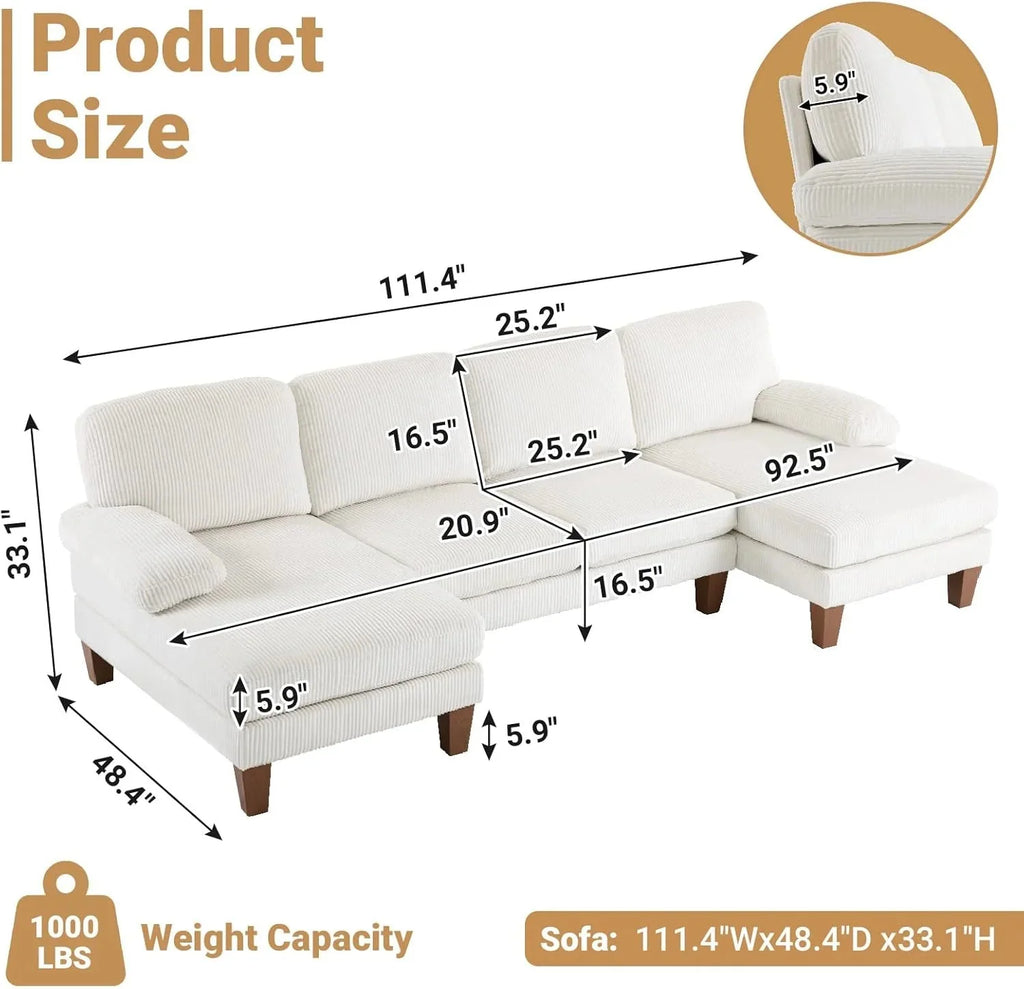 VINGLI 110 Sectional Couches for Living Room,U Shaped Couch with Double Chaise, 4-Seat Sofa Set with Chenille Fabric for Home Furniture,Beige