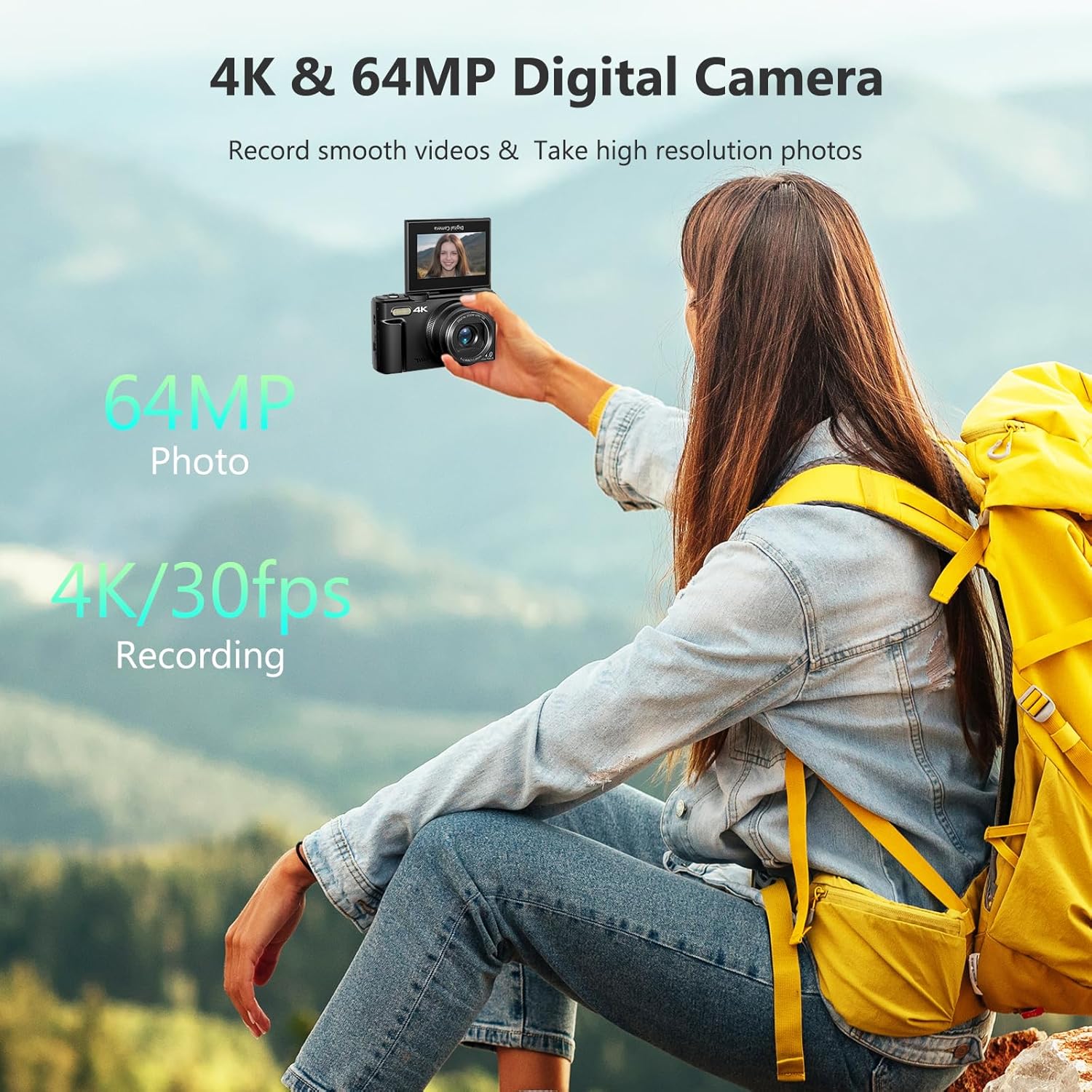 4K Digital Camera for Photography, 64MP Vlogging Camera for YouTube with 3 180° Flip Screen, 18X Digital Zoom Point and Shoot Camara with 32GB Micro SD Card for Beginner (Black)