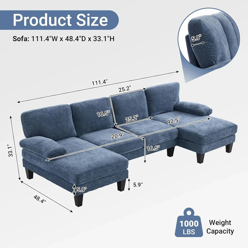 VINGLI 110 Sectional Couches for Living Room,U Shaped Couch with Double Chaise, 4-Seat Sofa Set with Chenille Fabric for Home Furniture,Beige