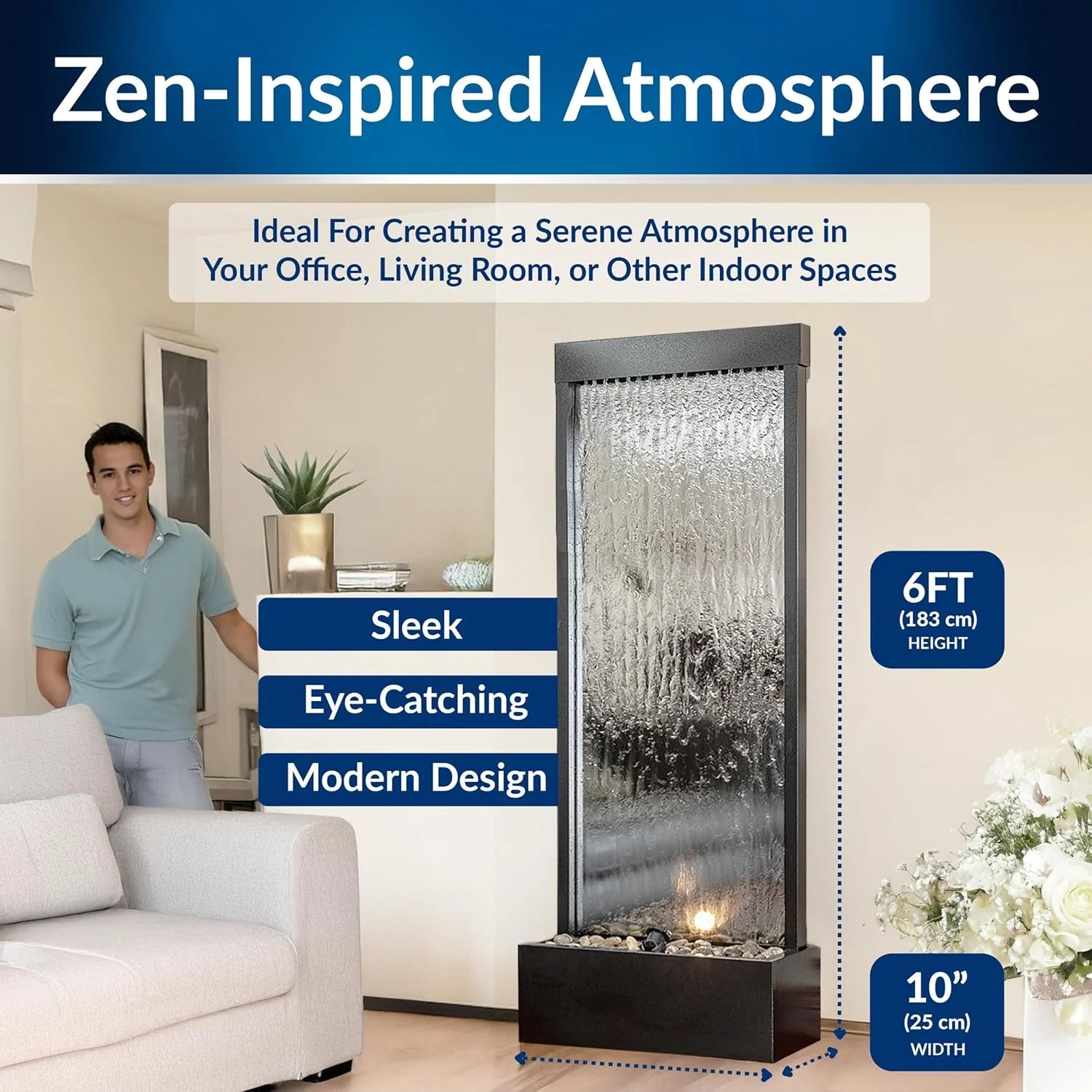 Alpine Mirror Waterfall Fountain with Stones & Lights, 72, Indoor/Outdoor Zen Decor