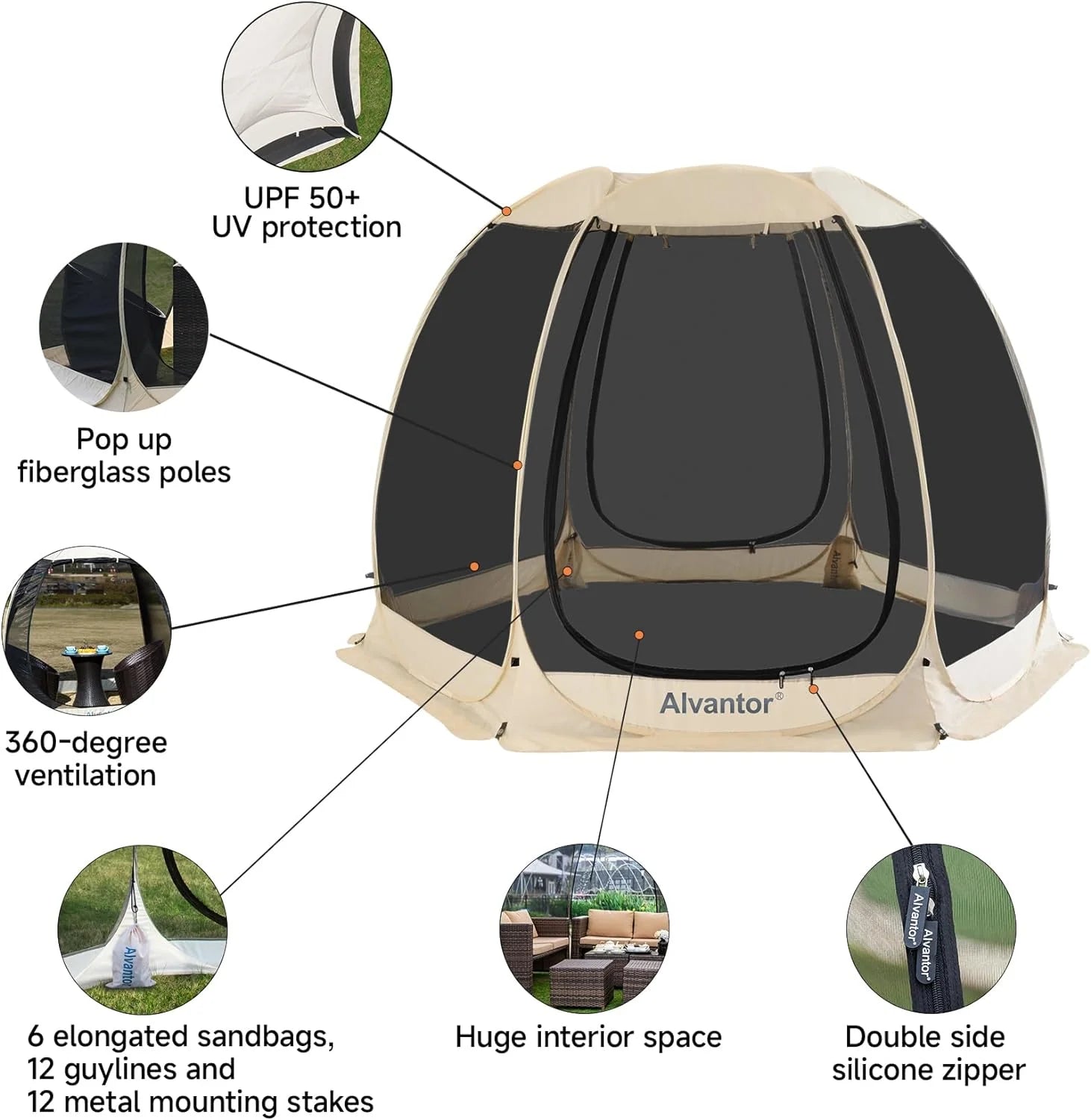 Screen House Room Camping Tent Outdoor Canopy Pop Up Sun Shade Shelter 8 Mesh Walls Not Waterproof Beige 12'x12' Patent Pending