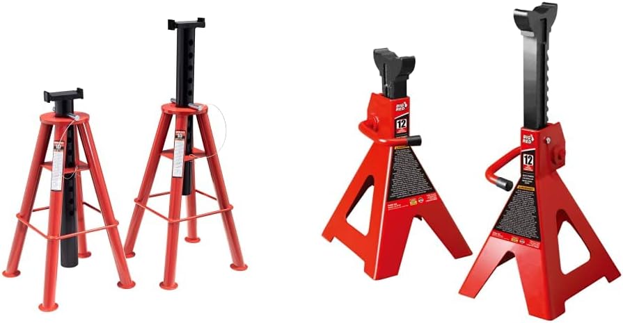 10-Ton Medium Height Pin Type Jack Stands, Pair, Red