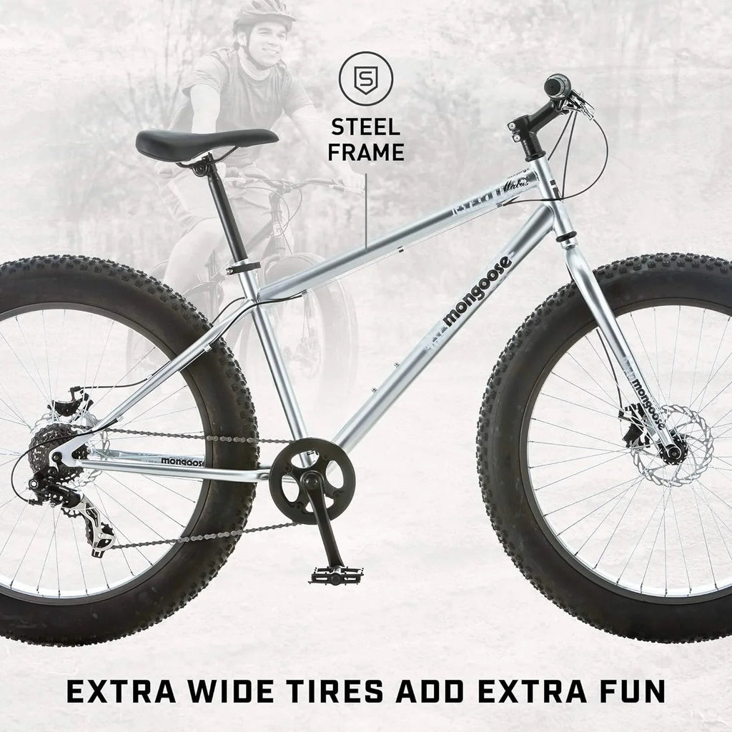 Malus Mens and Women Fat Tire Mountain Bike, 26-Inch Bicycle Wheels, 4-Inch Wide Knobby Tires, Steel Frame, 7 Speed Drivetrain, Shimano Rear Derailleur, Disc Brakes
