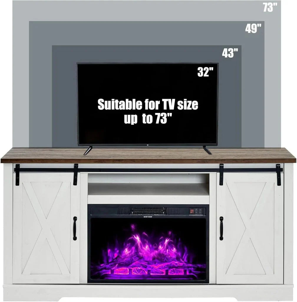 AMERLIFE Fireplace TV Stand with Sliding Barn Door for TVs up to 73, Farmhouse 63 Fireplace Entertainment Center with Storage Cabinets/Adjustable Shelves