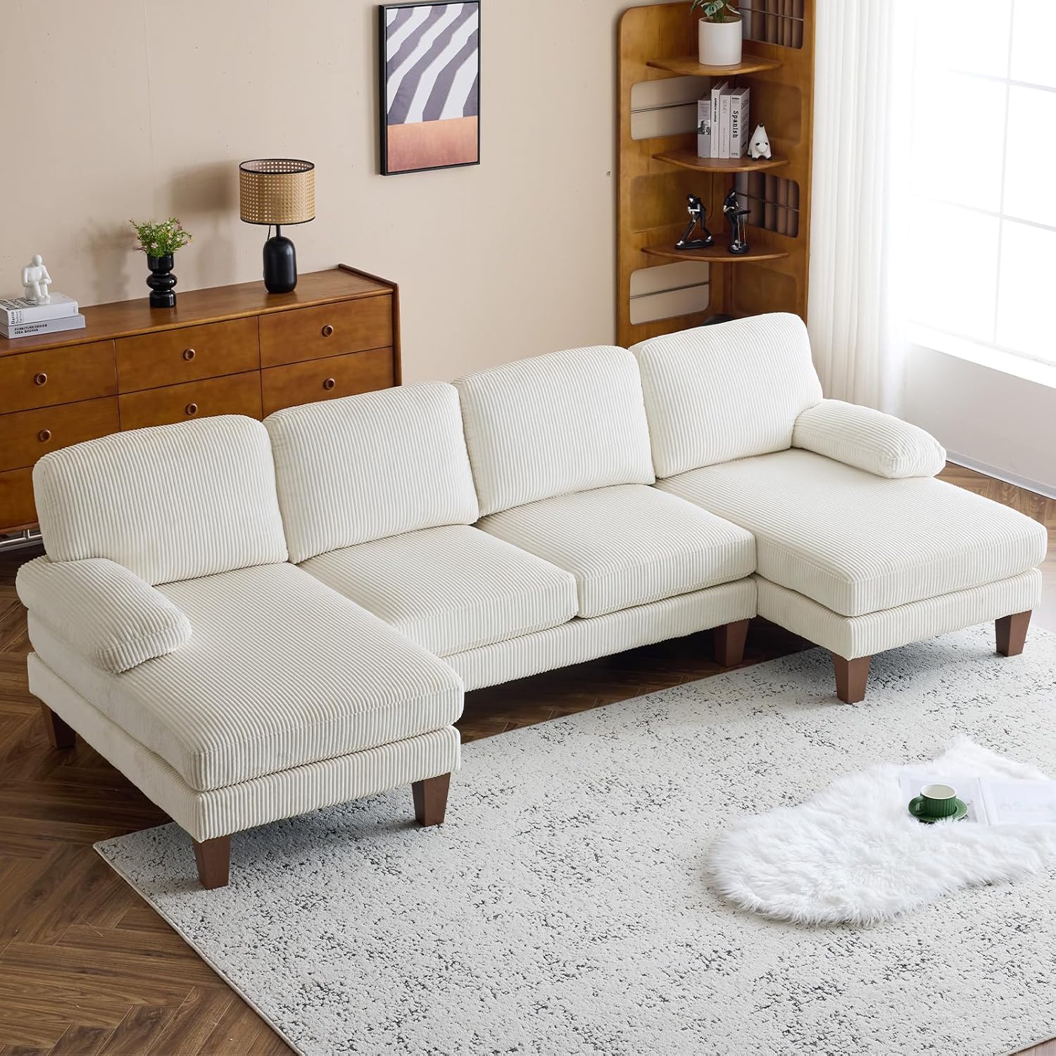 VINGLI 110 Sectional Couches for Living Room,U Shaped Couch with Double Chaise, 4-Seat Sofa Set with Chenille Fabric for Home Furniture,Beige