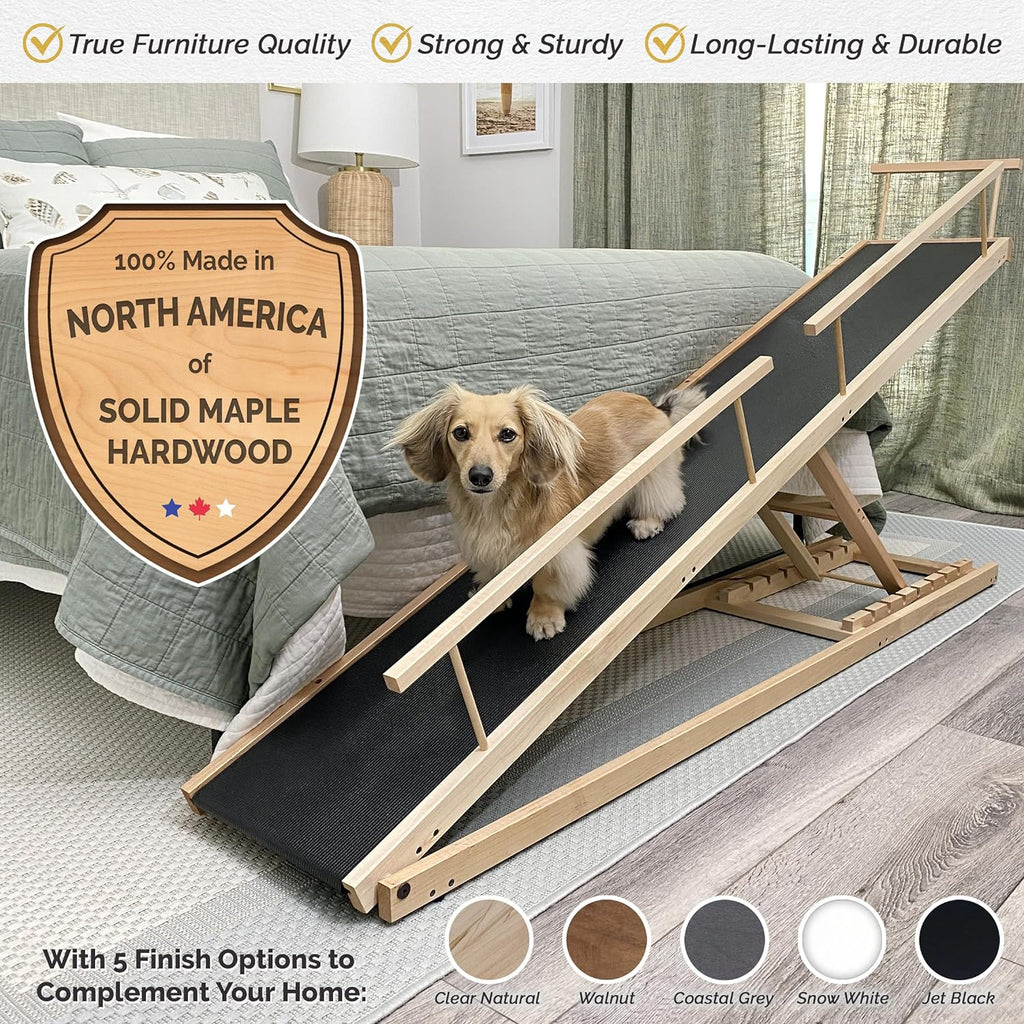Dog Ramp for Beds - Adjustable up to 37 High Beds with Low Incline, Safety Rails & Anti-Slip Grip, for Small Dogs up to 50lbs - Solid Hardwood, Made in North America