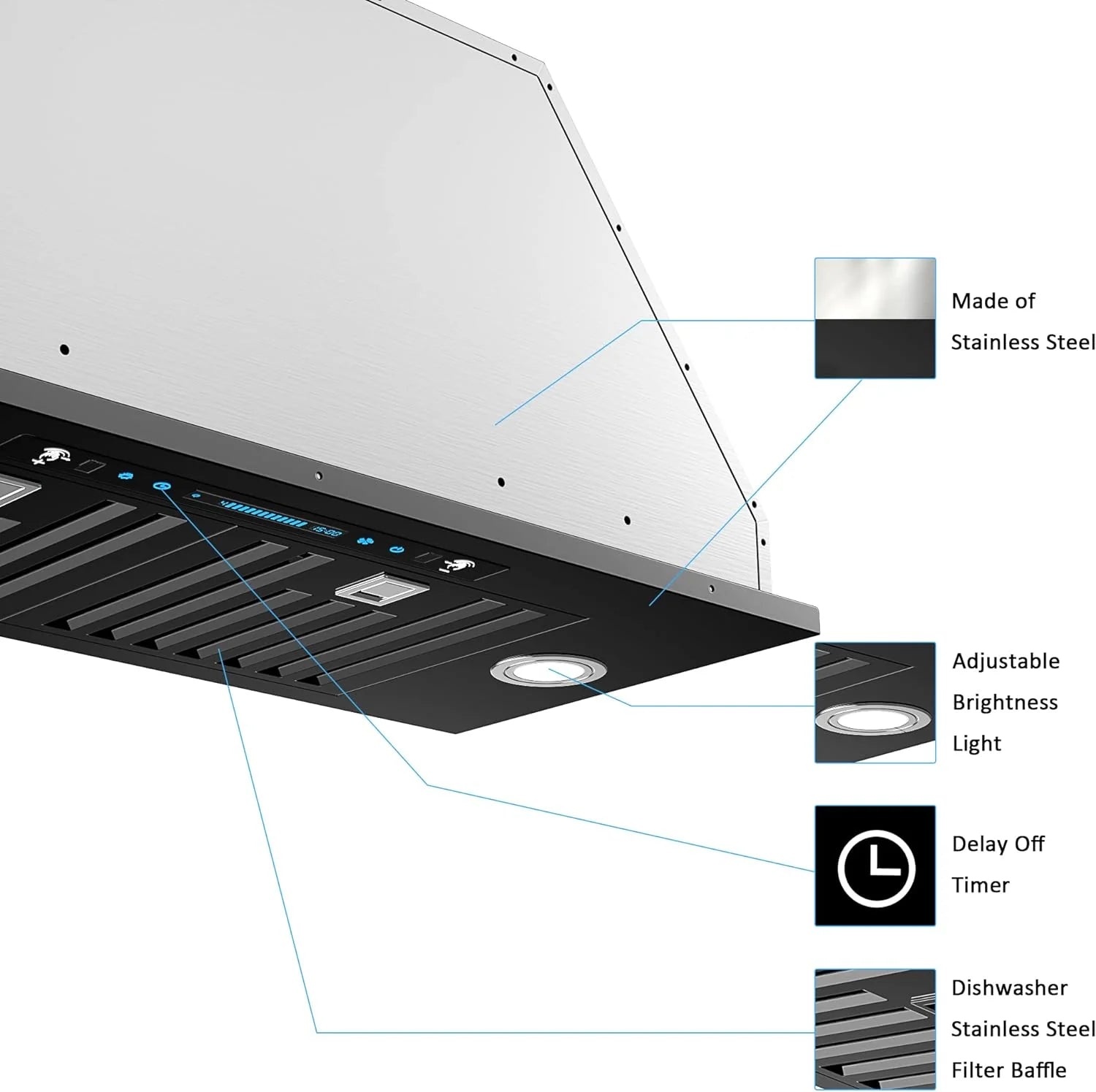 30 inch Built-in/Insert Range Hood 900 CFM, Ducted/Ductless Convertible Duct, Stainless Steel Kitchen Vent Hood with 4 Speed Gesture Sensing&Touch Control Panel(IKB01-30)