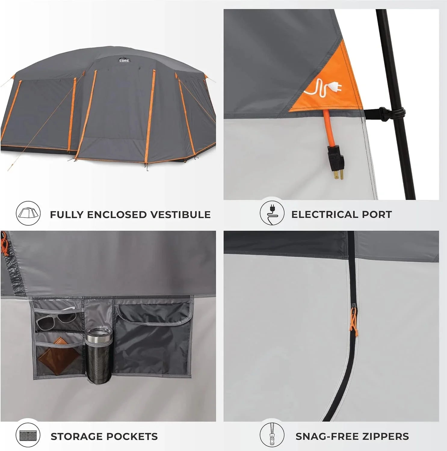 CORE Straight Wall Cabin Tents | 10 Person / 11 Person / 12 Person Large Multi Room Family Tents for Car Camping & Outdoor Adventures