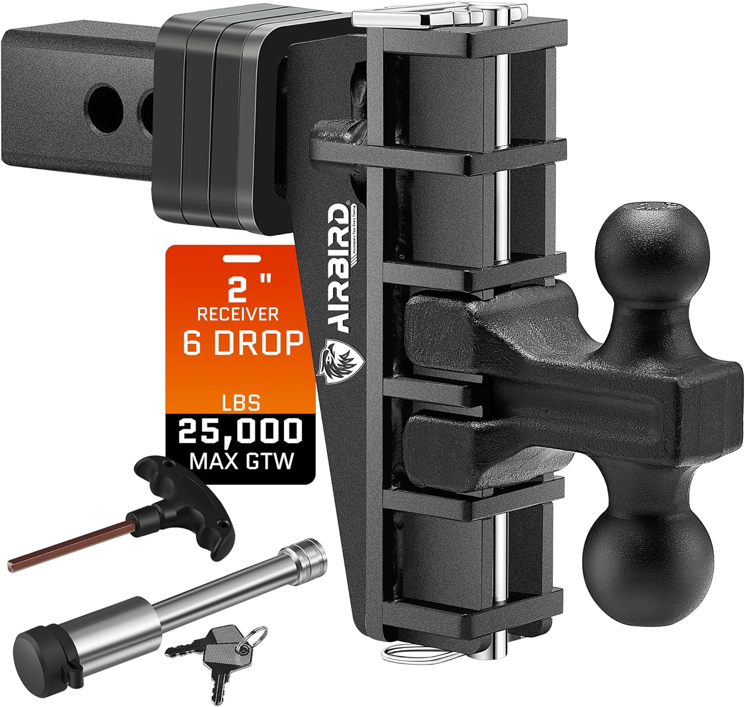 Adjustable Trailer Hitch Fits 2-Inch Receiver, Heavy Duty Tow Hitches (17000 LBS GTW) 6 Inch Drop Truck Hitch Tri-Ball Mount with Hook (1-7/8 x 2 x 2-5/16)