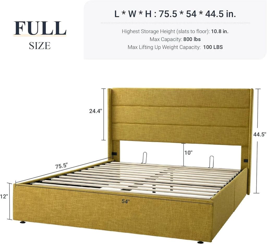 Allewie Queen Size Lift Up Storage Bed, Modern Wingback Headboard, Hydraulic Support, No Box Spring Needed, Light Beige