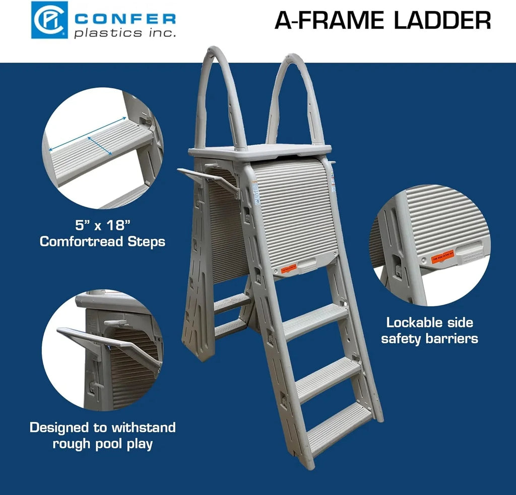 Confer Plastics 7200 Roll Guard 48 to 56 Adjustable A Frame Safety Ladder for Above Ground Outdoor Patio Swimming Pool Platform Ladder with Step Barrier, Warm Grey…