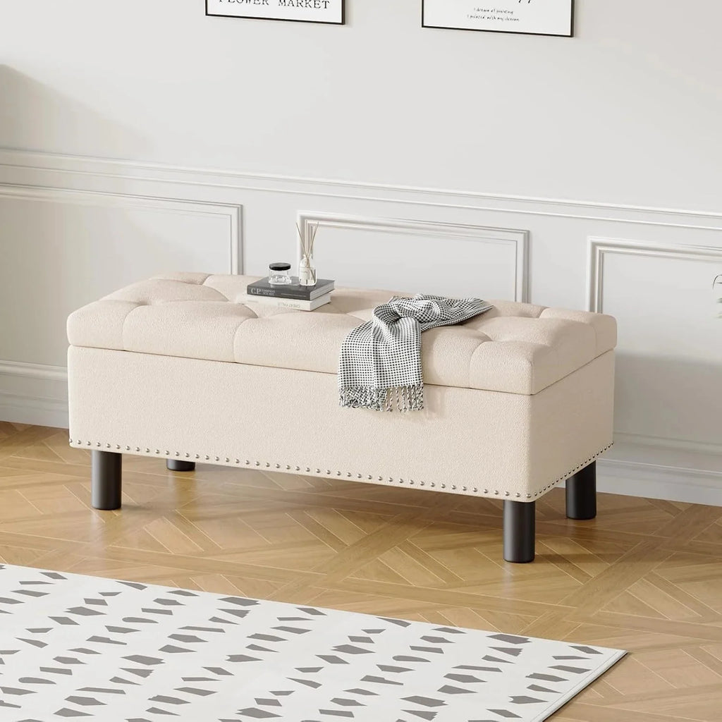 Furniliving Modern Storage Ottoman Bench, Sherpa Ottoman End of Bed Bench with Solid Wood Legs Upholstered Ottoman Benches with Storage Indoor Bench for Living Room with Rolled Arm, Entryway, White