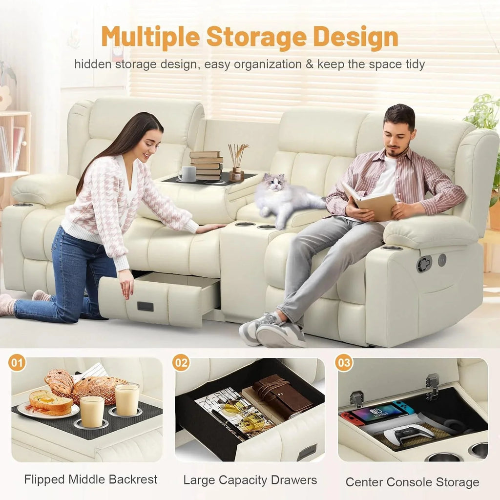 3 Seat Reclining Sofa with Storage Drawer USB Ports & Cup Holders Manual Couch