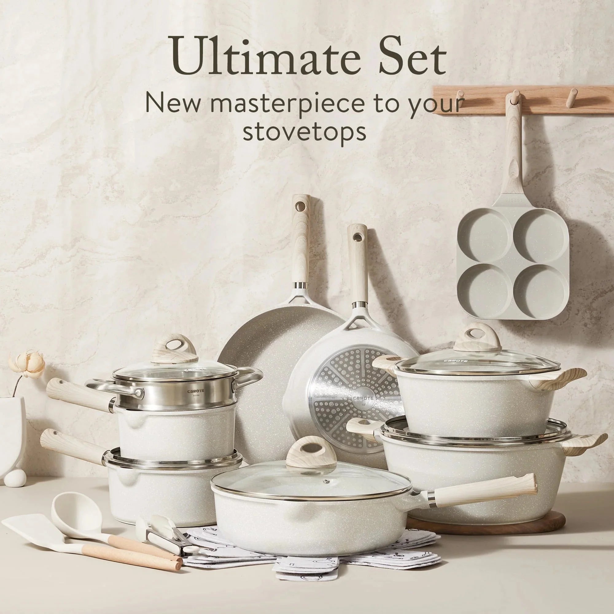 Carote Non Stick Pots and Pans Set, 21 Pcs Induction Kitchen Cookware Sets (Beige Granite)