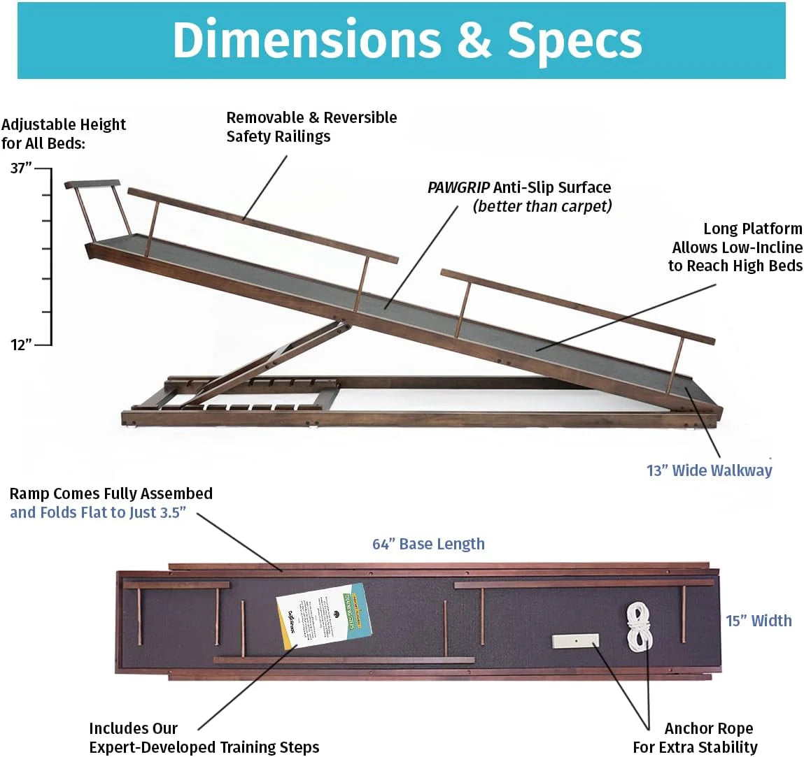 Dog Ramp for Beds - Adjustable up to 37 High Beds with Low Incline, Safety Rails & Anti-Slip Grip, for Small Dogs up to 50lbs - Solid Hardwood, Made in North America