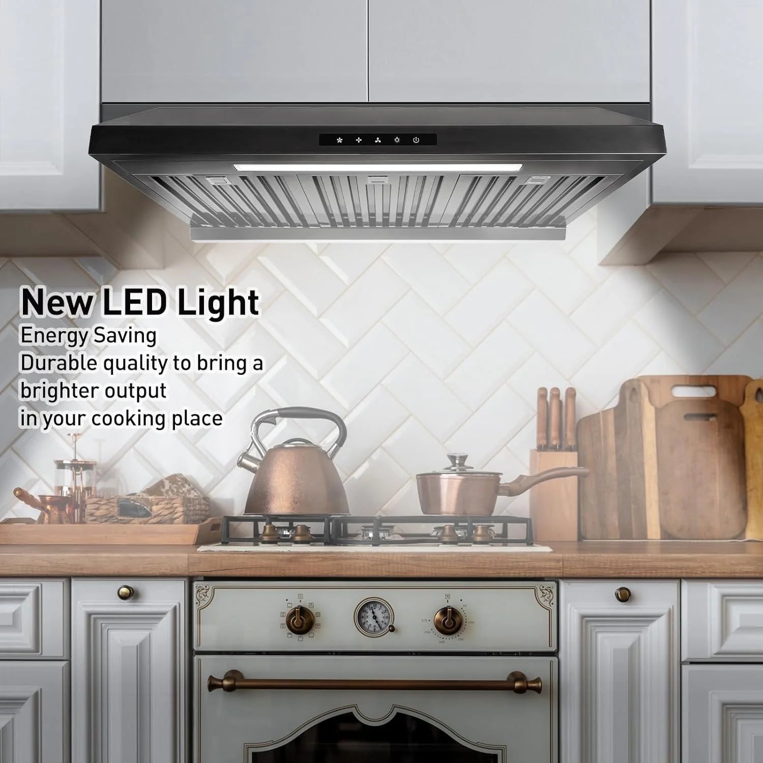 Powerful 30 Inch Under Cabinet Range Hood With Seamless Stainless Steel Body, Twin Turbo Motors, 3 Speed Touch Screen, Round Vent, Baffle Filters, LED Lights, Oil Collector