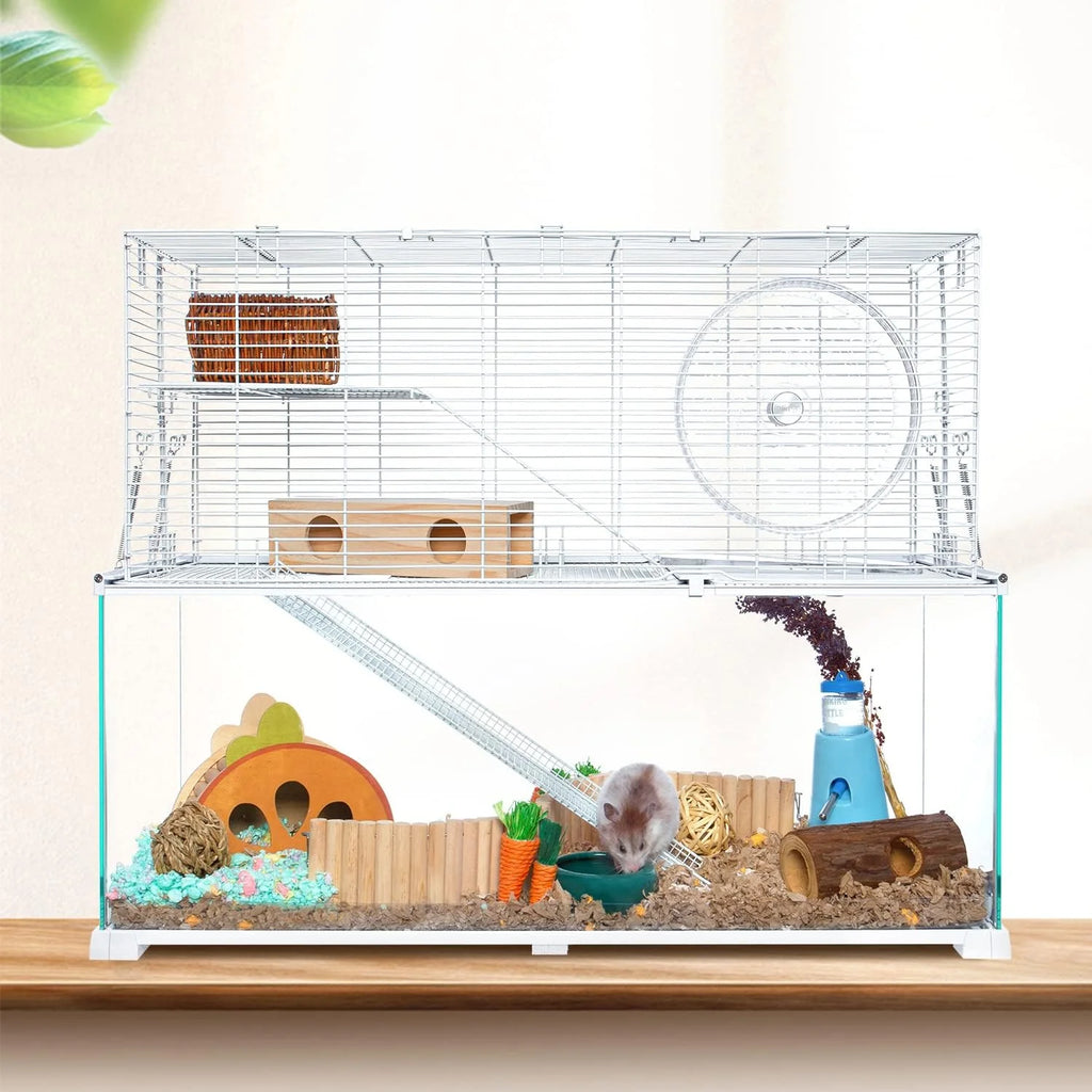 3 Tiers Large Hamster Cages, Glass Hamster Cage Habitat with Openable Wire Topper, Gerbil Cage with Two Ladders Ramps and Removeable Waterproof PVC Tray, Easy to Clean