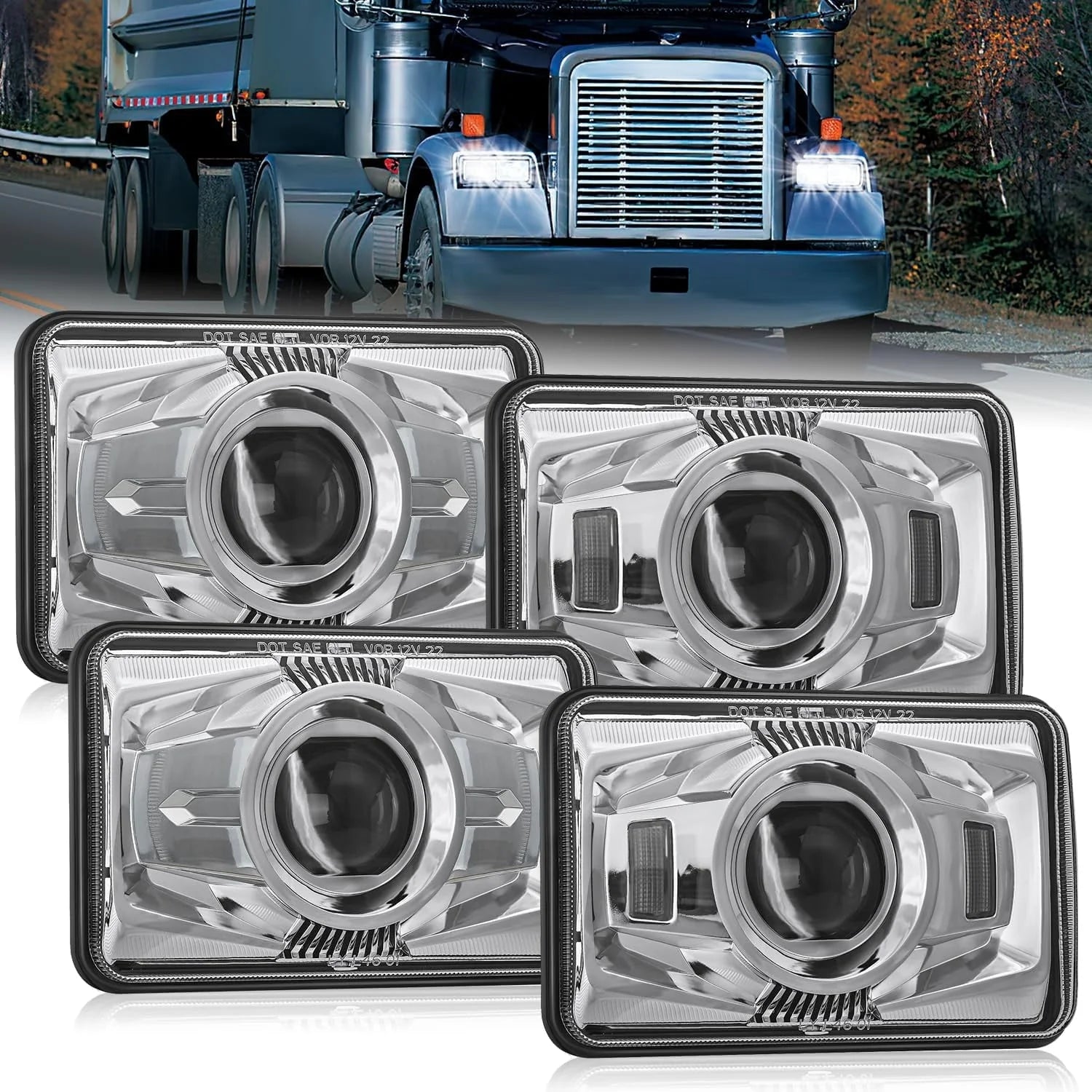 4x6 Led Headlights 60W DOT Approved Hi/Lo Sealed Beam Rectangular headlights Replacement H4651 H4652 H4656 H4666 H6545 Compatible Kenworth Peter Bill Ford Freighter (silver, 4PCS)