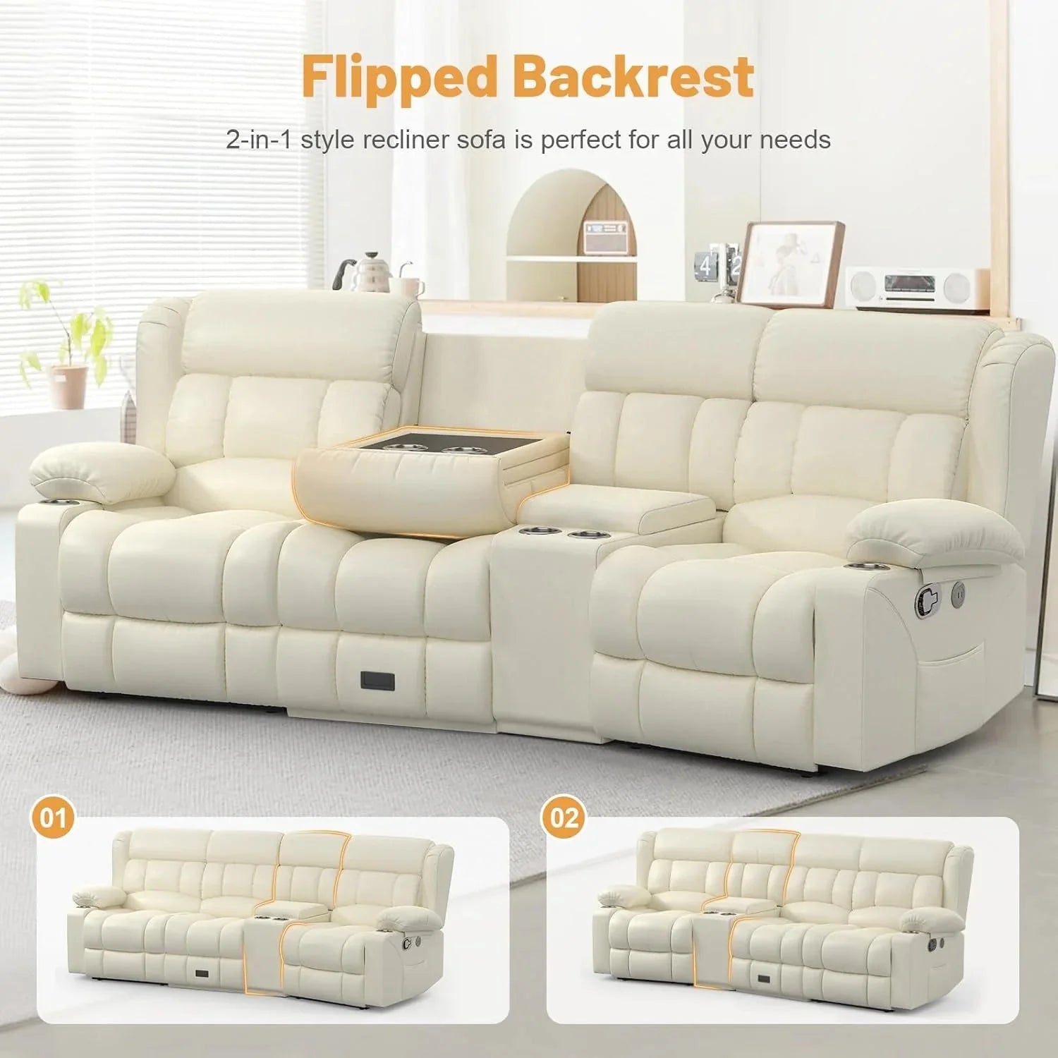 3 Seat Reclining Sofa with Storage Drawer USB Ports & Cup Holders Manual Couch