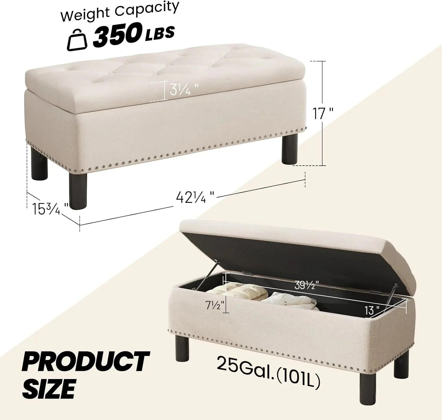 Furniliving Modern Storage Ottoman Bench, Sherpa Ottoman End of Bed Bench with Solid Wood Legs Upholstered Ottoman Benches with Storage Indoor Bench for Living Room with Rolled Arm, Entryway, White