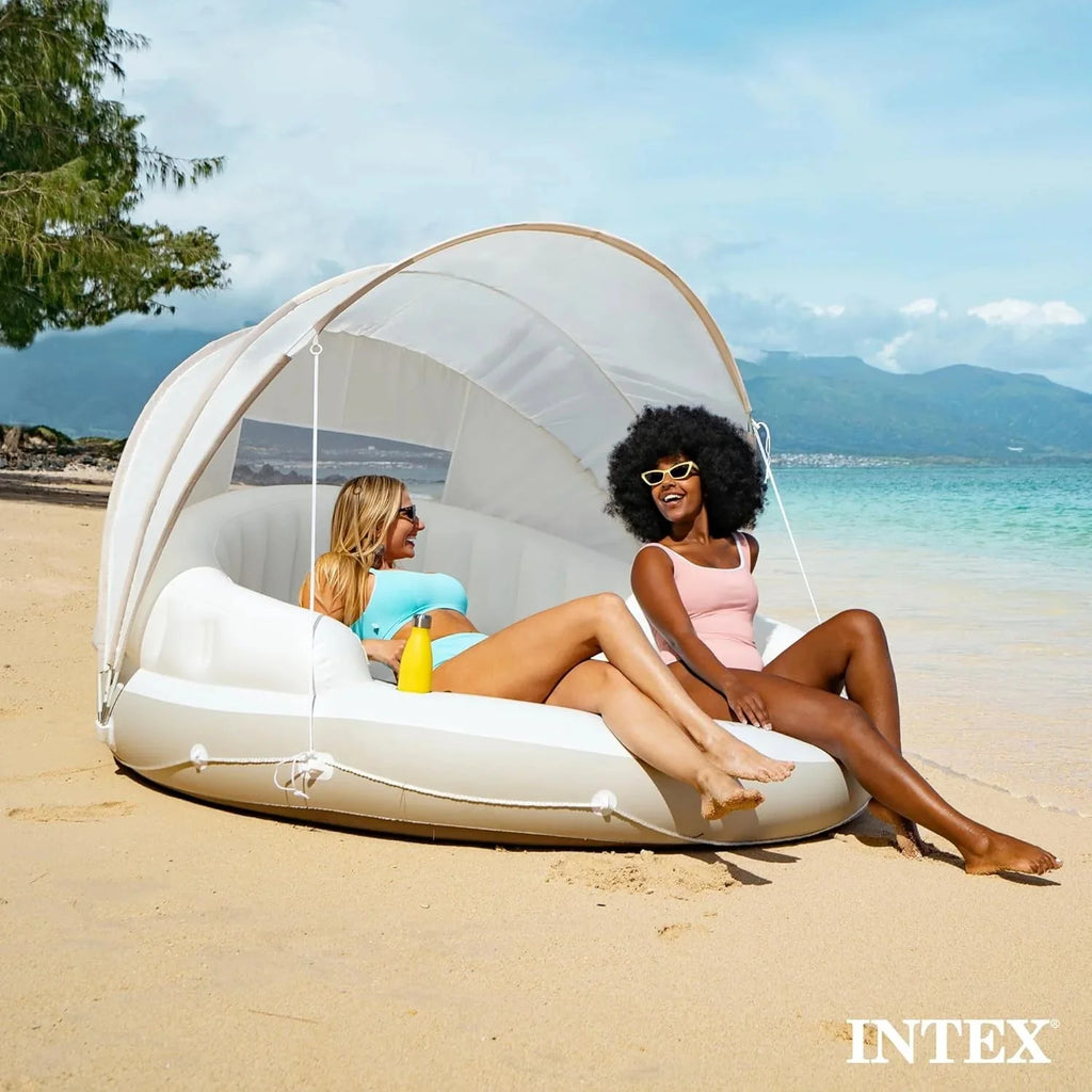 58292EP Canopy Island Inflatable Pool Float: Comfortable Lounge Surface – Built-in Cup Holders – Detachable Sunshade – 440lb Max Weight Capacity – 78.5 x 59