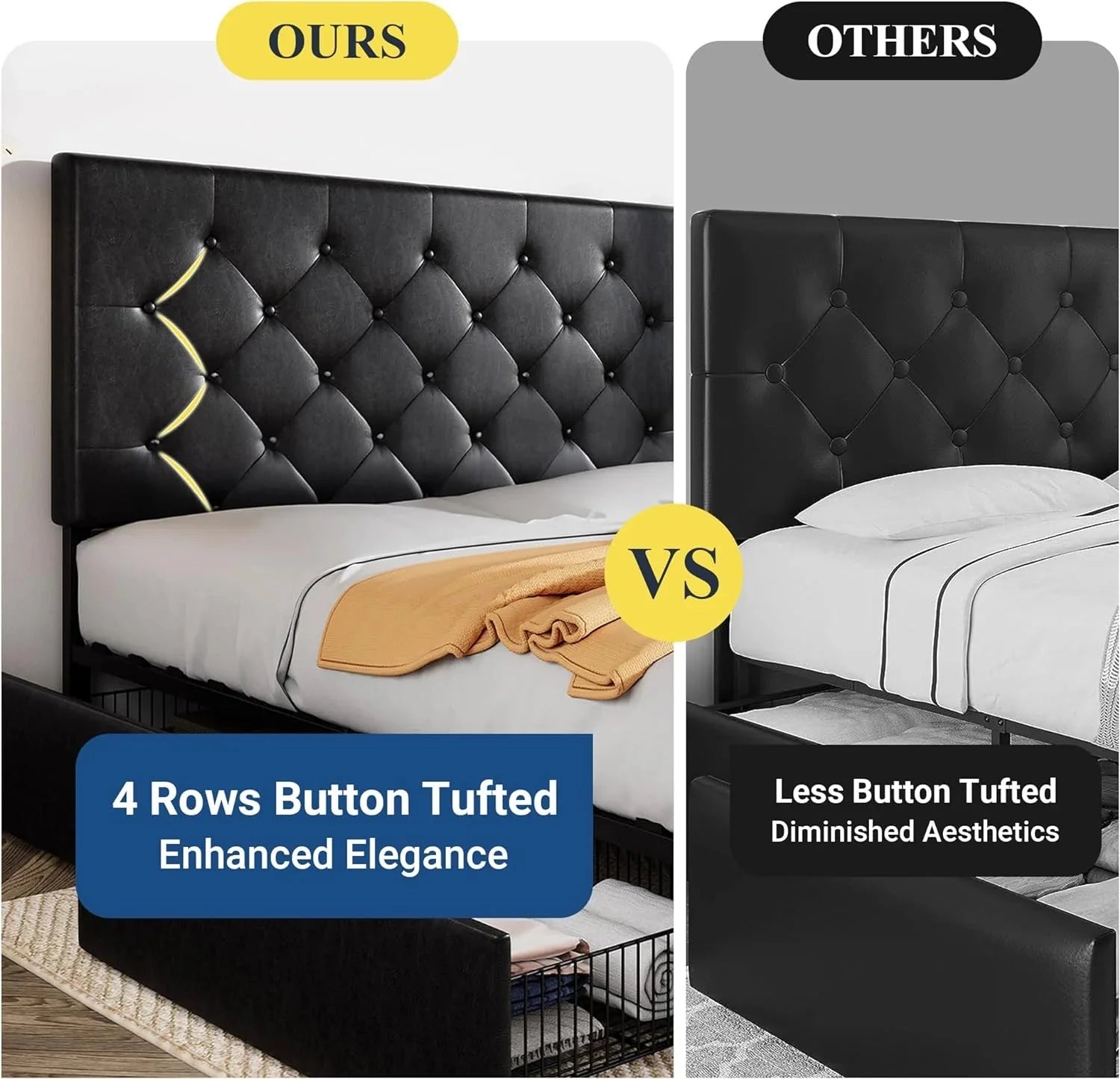 Allewie Upholstered Queen Size Platform Bed Frame with 4 Storage Drawers and Headboard, Square Stitched Button Tufted, Mattress Foundation with Wooden Slats Support, No Box Spring Needed, Light Grey