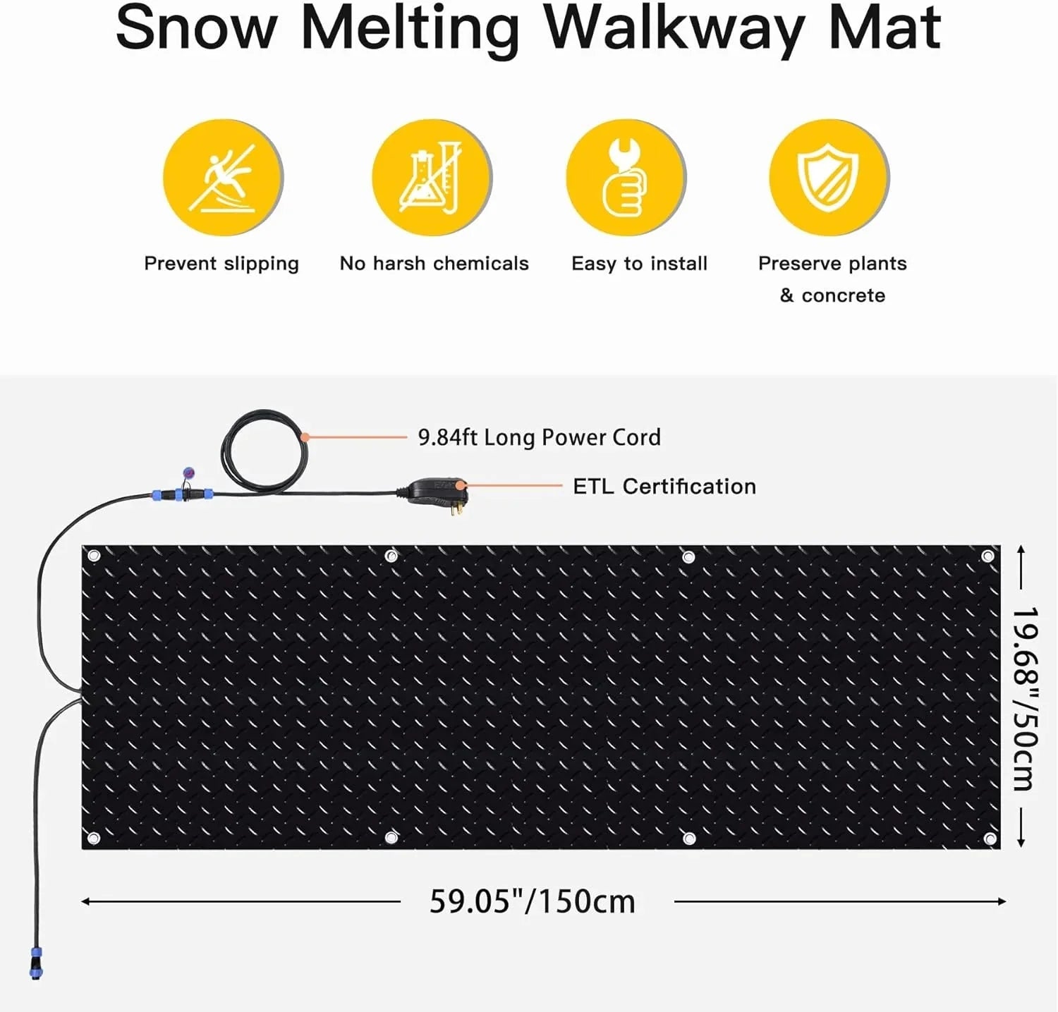 Juilsioa 5ft x 20in Snow Melting Mats, Anti-Slip Heated Outdoor Mat with Power Cord, Ideal for Snowy Paths to Hot Tubs