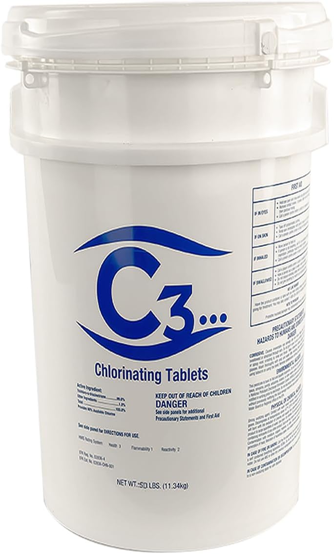 C3... 3 Stabilized Chlorine Tablets for Swimming Pools and Spas | Individually Wrapped | Slow Dissolving Tabs | 50 Pounds