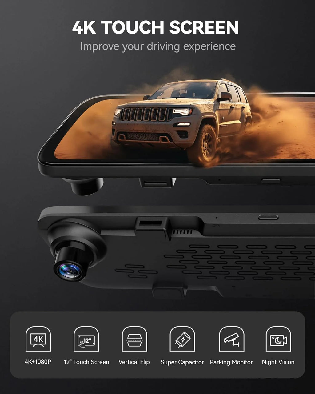 12 4K Mirror Dash Cam Backup Camera, 2160P Full HD Smart Rearview Mirror for Cars & Trucks, Front and Rear View Dual Cameras, Night Vision, Parking Assistance, Free 32GB Card & GPS