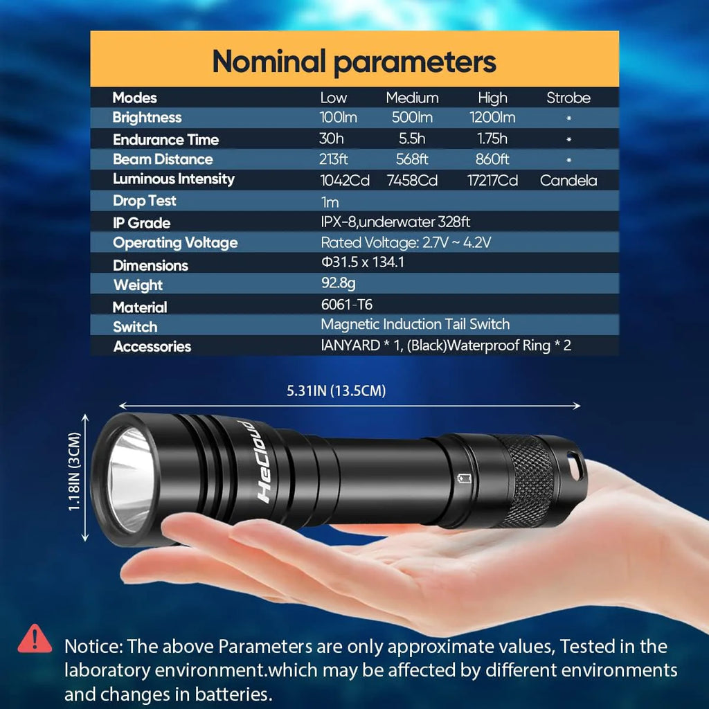 Scuba Diving Flashlight with Rechargeable Dive Light Scuba Diving 5500LM Underwater Flashlight 328ft IPX8 Waterproof 4 Modes Scuba Dive Light with Charger for Submarine Deep Sea Snorkeling