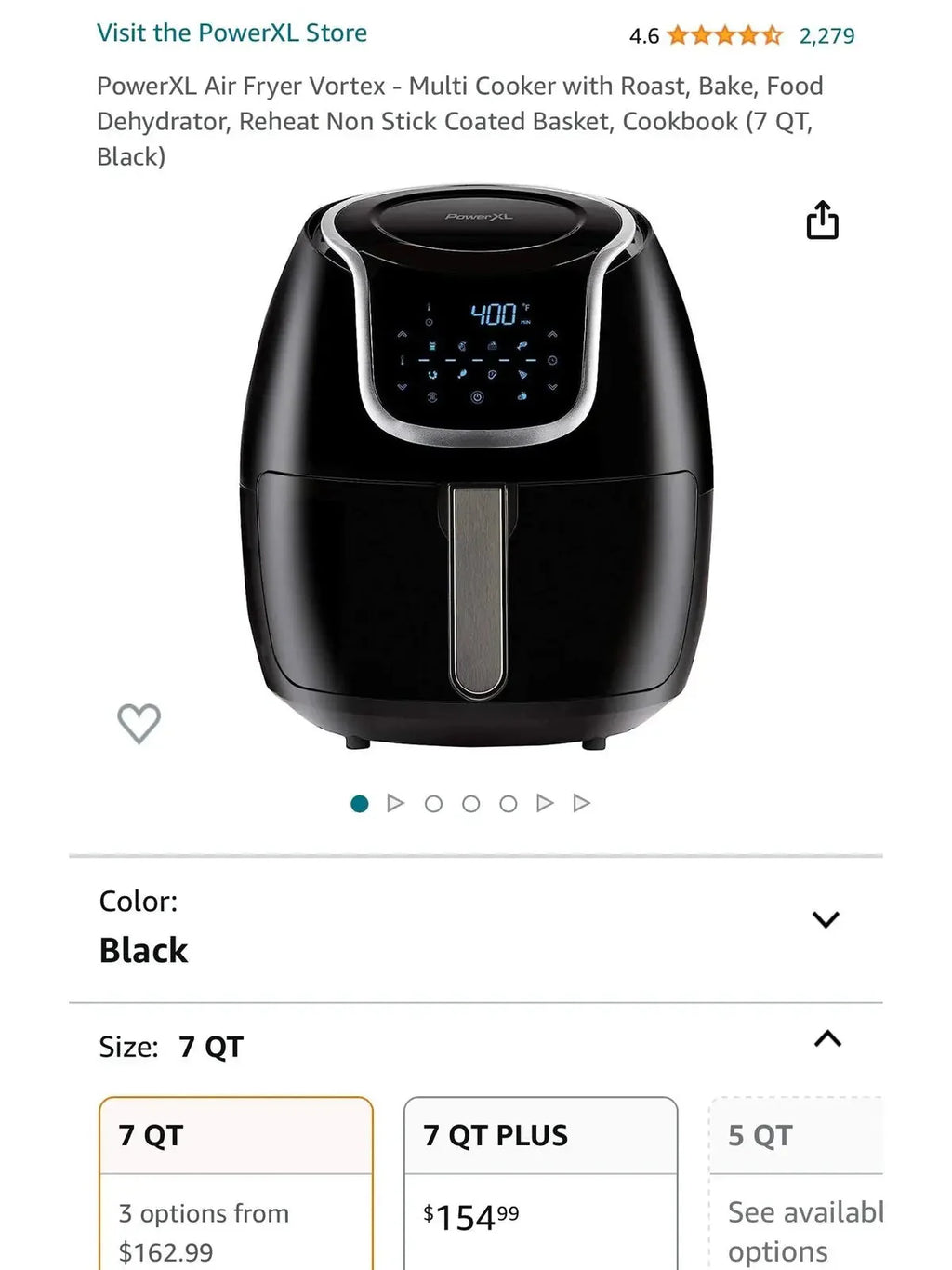PowerXL Air Fryer Vortex Multi-Cooker, Roast/Bake/Dehydrate/Reheat, Non-Stick Basket, Includes Cookbook