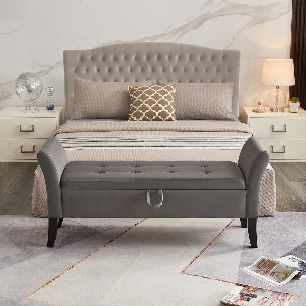 Furniliving Modern Storage Ottoman Bench, Sherpa Ottoman End of Bed Bench with Solid Wood Legs Upholstered Ottoman Benches with Storage Indoor Bench for Living Room with Rolled Arm, Entryway, White