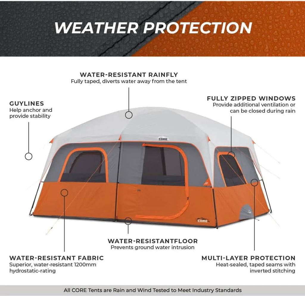 CORE Straight Wall Cabin Tents | 10 Person / 11 Person / 12 Person Large Multi Room Family Tents for Car Camping & Outdoor Adventures